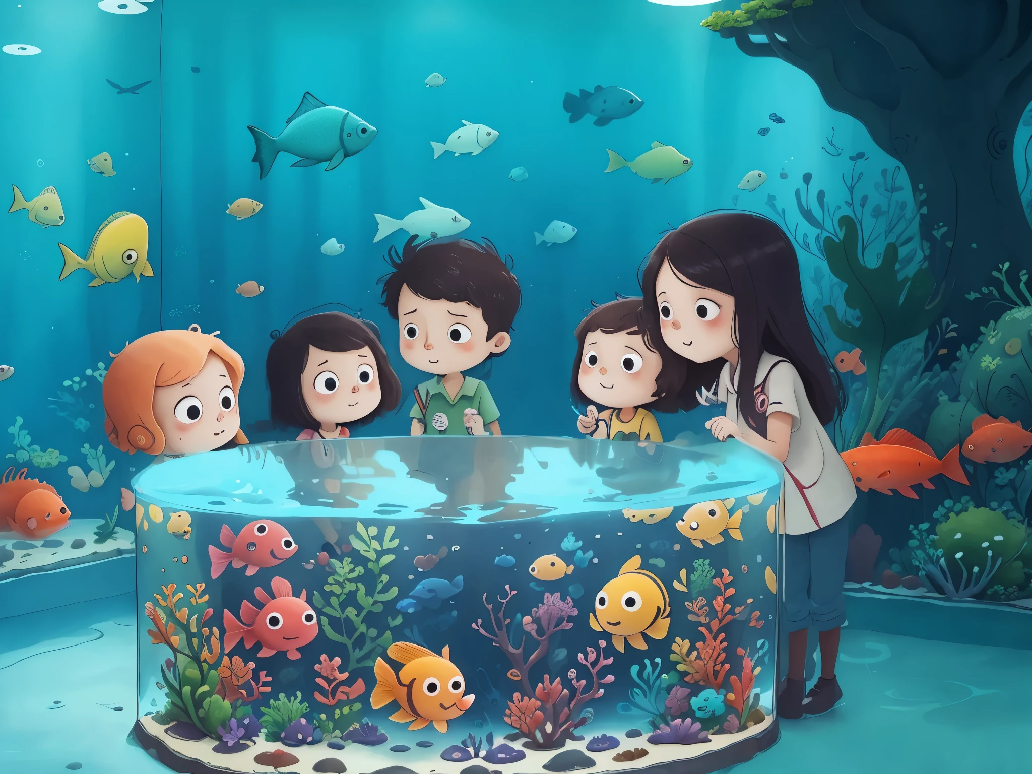 masterpiece，indoor，圆形Glassfish tank，fish tank，Glass，water surface，child，visit