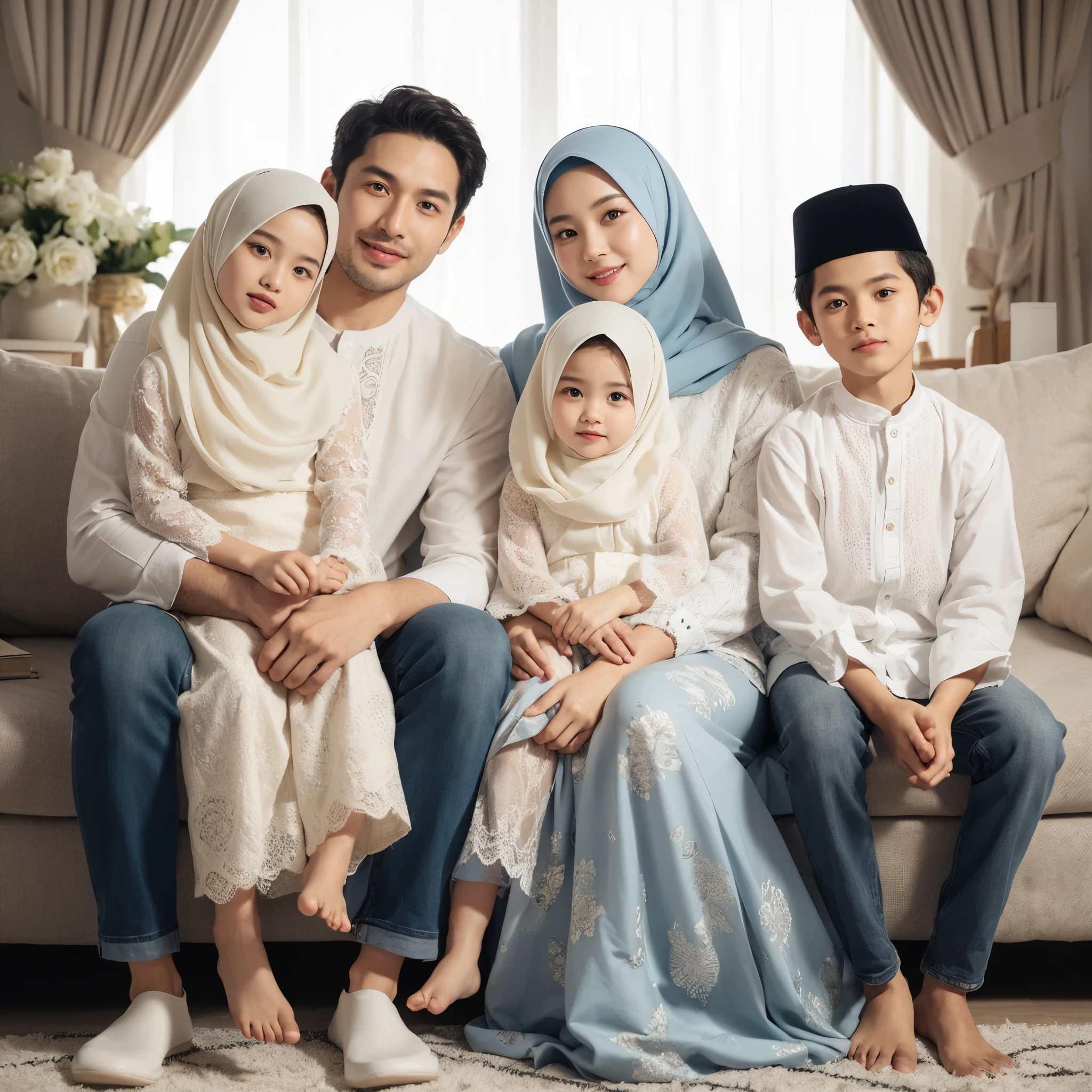 Create a friendly close up photo style, a 35 year old Indonesian MAN clean face, a 30 year old WOMAN wearing hijab, a 15 year old WOMAN wearing a hijab, a 8 year old GIRL wearing a hijab and a kid BOY 5 years old. Those wearing white and new grey BATIK colour, pose sitting on the sofa, the studio has a luxury house background. details. fresh colors, blue lighting, realistik, 8k, HD.