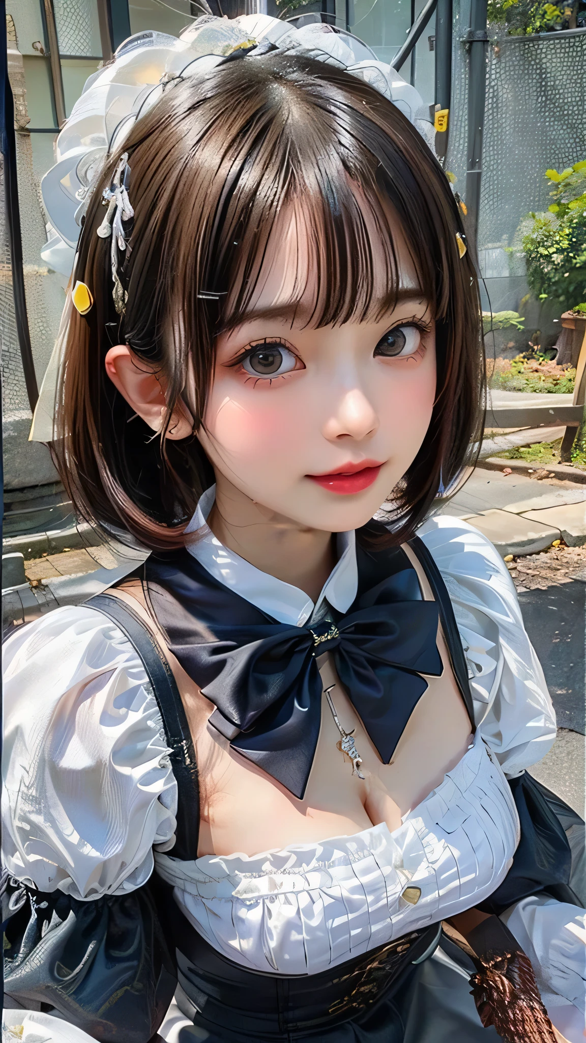 8k、Highest quality、masterpiece、(Upper shot close-up)、solo、Baby Face、(slim、Flat Body:1.23) 、(Attention to detail)、 Hime cut、Gothic Fashion、head band、(Parasol)、Her hair is in two curled pigtails held with black and white flower hairpins., Perfect figure, She is wearing a black silk top hat with a ribbon, 