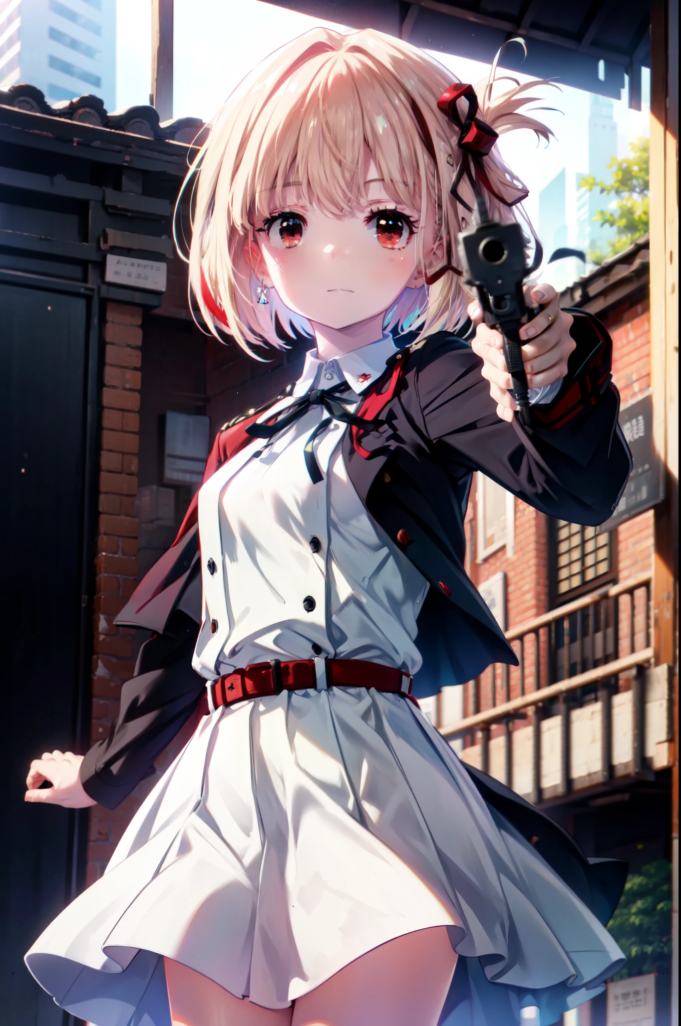 chisatonishikigi, nishikigi chisato, short hair, bangs, blonde hair, (red eyes:1.5), hair ribbon, one side up, bob cut,
break shirt, long sleeve, dress, ribbon, white shirt, collared shirt, belt, neck ribbon, red dress, blue ribbon, pleated dress, grey dress, two-tone dress, red belt, uniform liquor,hand gun(H&KUSP)hold with both hands,
break outdoors, city,
break looking at viewer, (cowboy shot:1.5),
break (masterpiece:1.2), highest quality, High resolution, unity 8k wallpaper, (shape:0.8), (fine and beautiful eyes:1.6), highly detailed face, perfect lighting, Very detailed CG, (perfect hands, perfect anatomy),