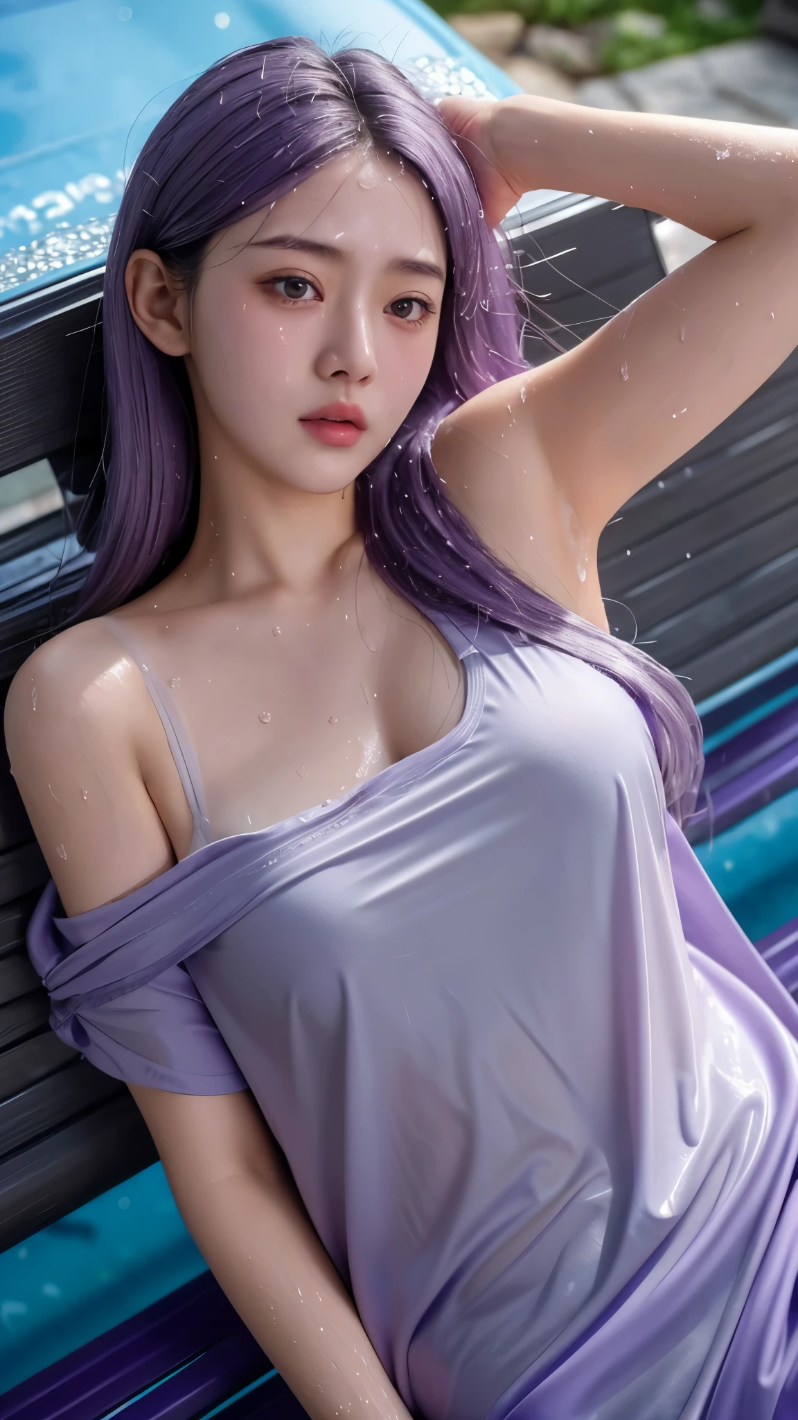 "(8K, Best Quality,RAW photo, Masterpiece, Ultra High Definition, High resolution, highly detailed, High Definition Face:1.2) A seductive 20-year-old mixed An exhausted (arab-chinese-japanese) woman is depicted wearing (wet transparent long [white:1.3] shirt:1.3), with the top two buttons undone, revealing a glimpse of her (slight cleavage:0.7) of (round shape small ??????:0.2). (Her shoulder-length ash grey shaded purple messy hair:1.4), (wet body:1.3) reclining messily around her shoulders showing smooth armpit. She sits slumped on a MRT bench between two slender school girls , (sweat:1.7) glistening on her forehead and neck, with her eyes heavy with fatigue. Soft lighting accentuates the details of her (wet long white shirt), hair, and tired expression. selfie photo from above angle"
