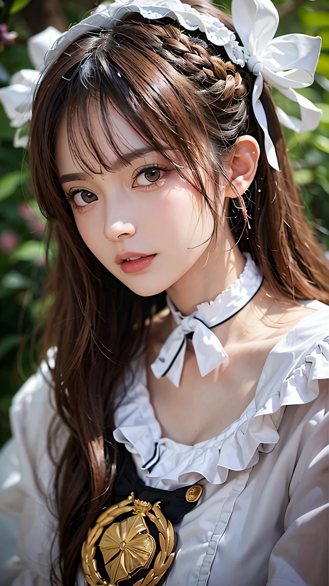 Arafed asian girl with a white blouse and a gold medal - SeaArt AI
