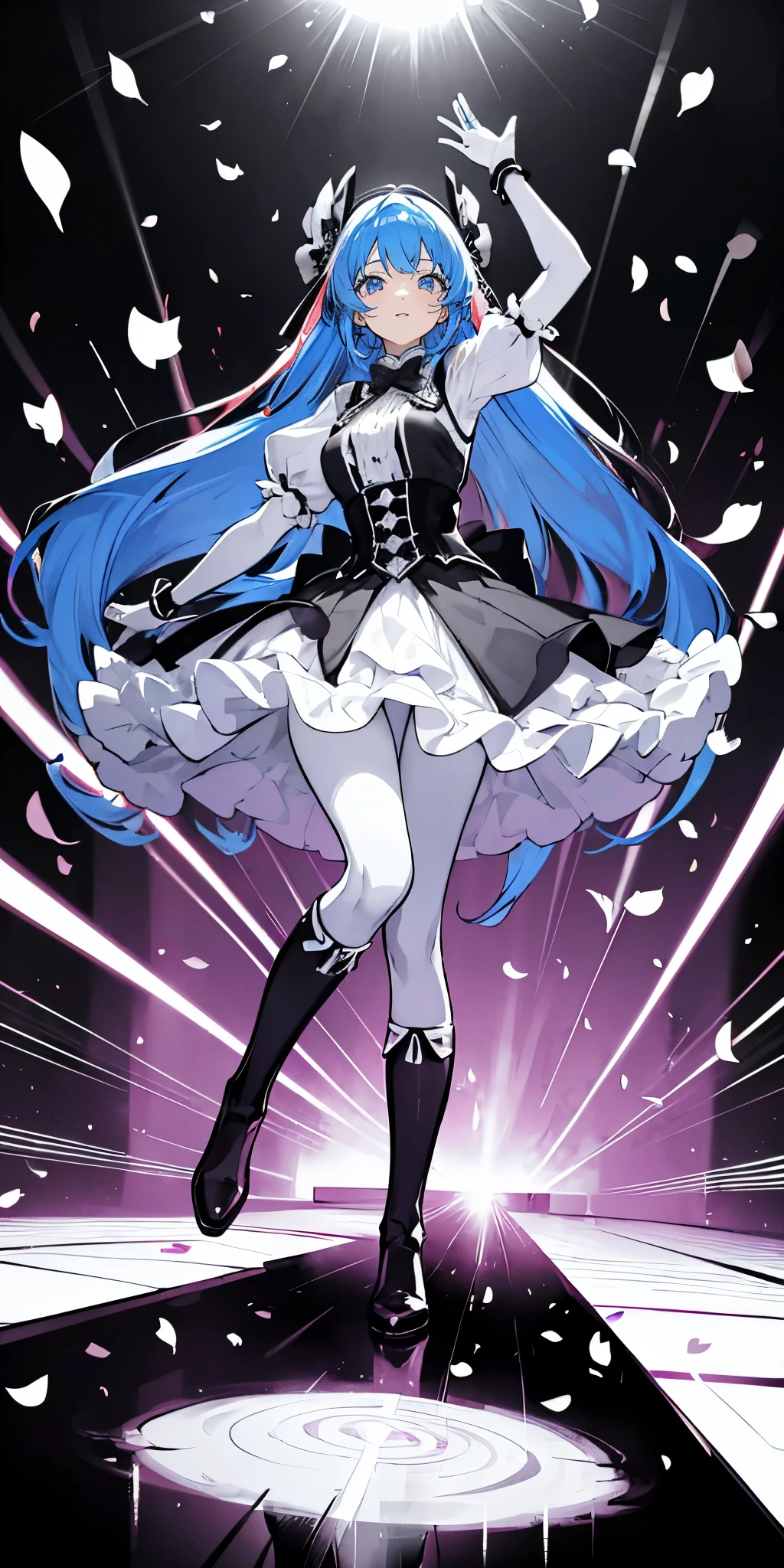 (muste piece), (best quality), very detailed, ((1 girl)), solo full body shot，Viewer&#39;s perspective，dancing，(smile)，wink，perfect face, beautiful face, very detailedな顔，((monochrome colored hair_straight long hair_monochrome eyes:1.3))，Gorgeous idol costumes，Skirt with lots of frills，solo idol，ribbon hair ornament，ribbon boots，knee high socks，concert dome，live，have a microphone，singing，smiling with mouth wide open，Laser Light，Spotlight，Lots of confetti、A large amount of petals dance