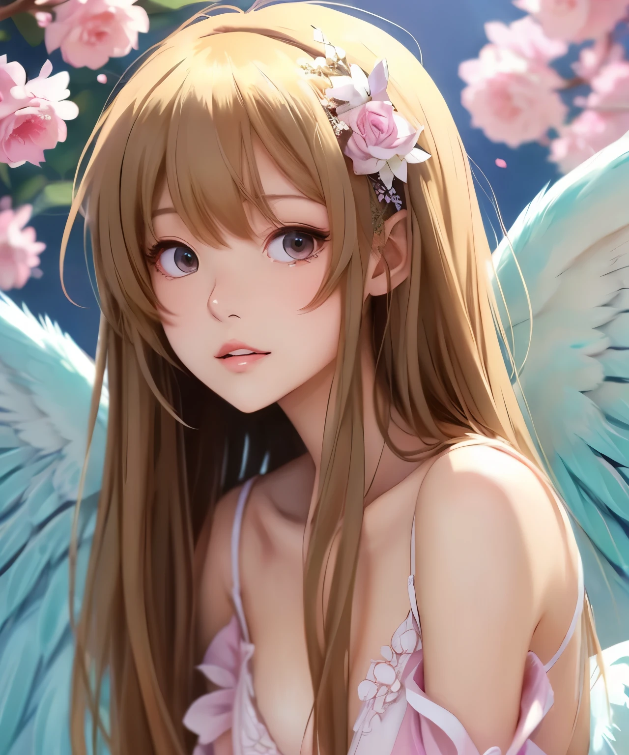 Anime girl in a pink dress with wings and flowers, of an beautiful Angelic女の子, of beautiful angel, beautiful angel, Angelic女の子, beautiful anime, beautiful anime girl, beautiful female angel, soft anime illustration, with beautiful wings, beautiful fantasy anime, pixiv digital art, beautiful anime woman, portrait of a beautiful angel, Angelic, Anime art bust up honeycomb expression
