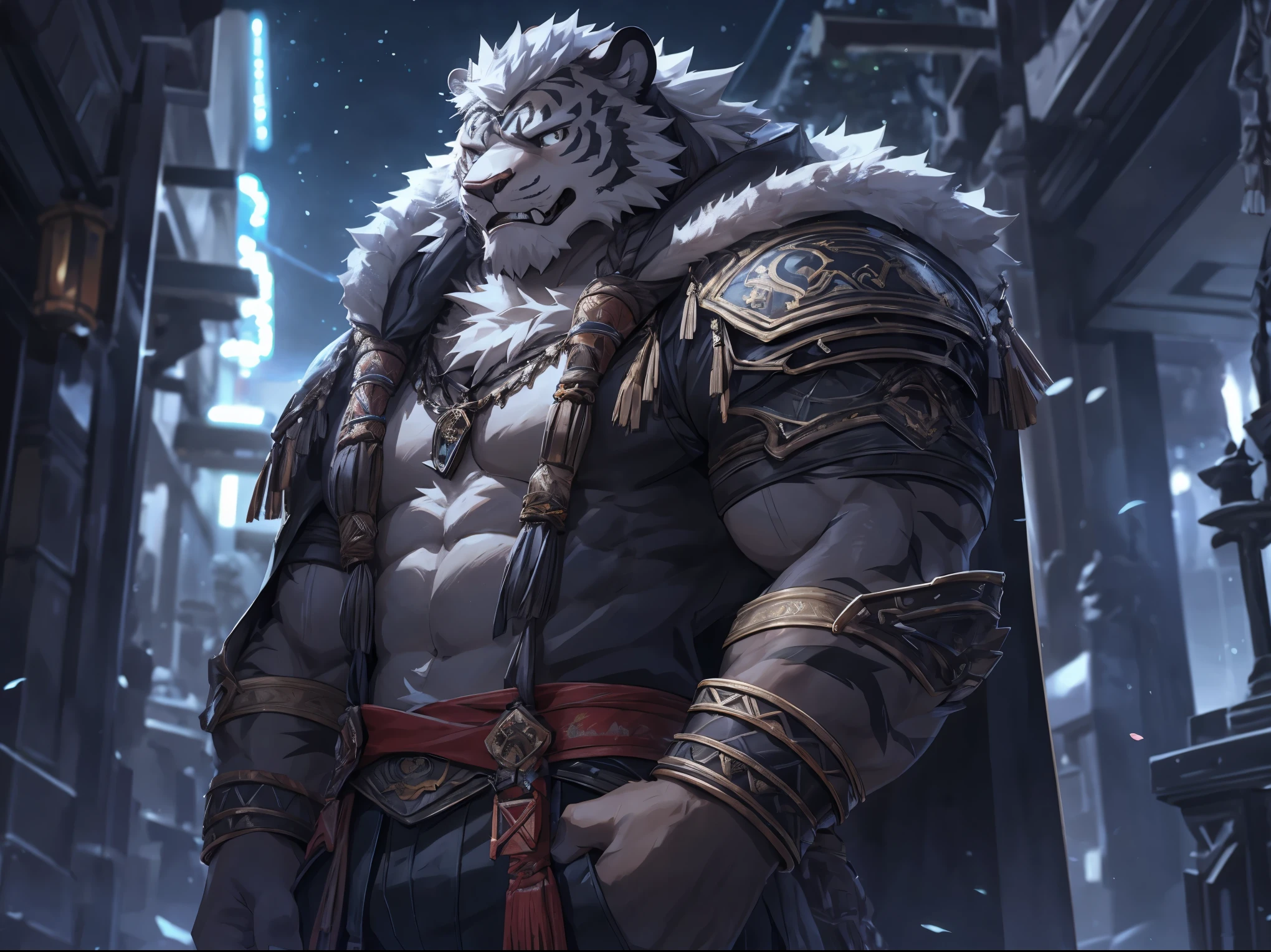 plush,saber-toothed tiger,hair white,Protruding upper canine teeth,Muscles and well-proportioned upper body,Comes with bracelet,Wearing a gray cloak, sijimi, clear details, Nikon, c4d, 3DMAX, Redshift rendering, corona rendering, Bejas - 1:2--C 10,There is a blush on the face , hands in pockets, Shy, night,full body picture