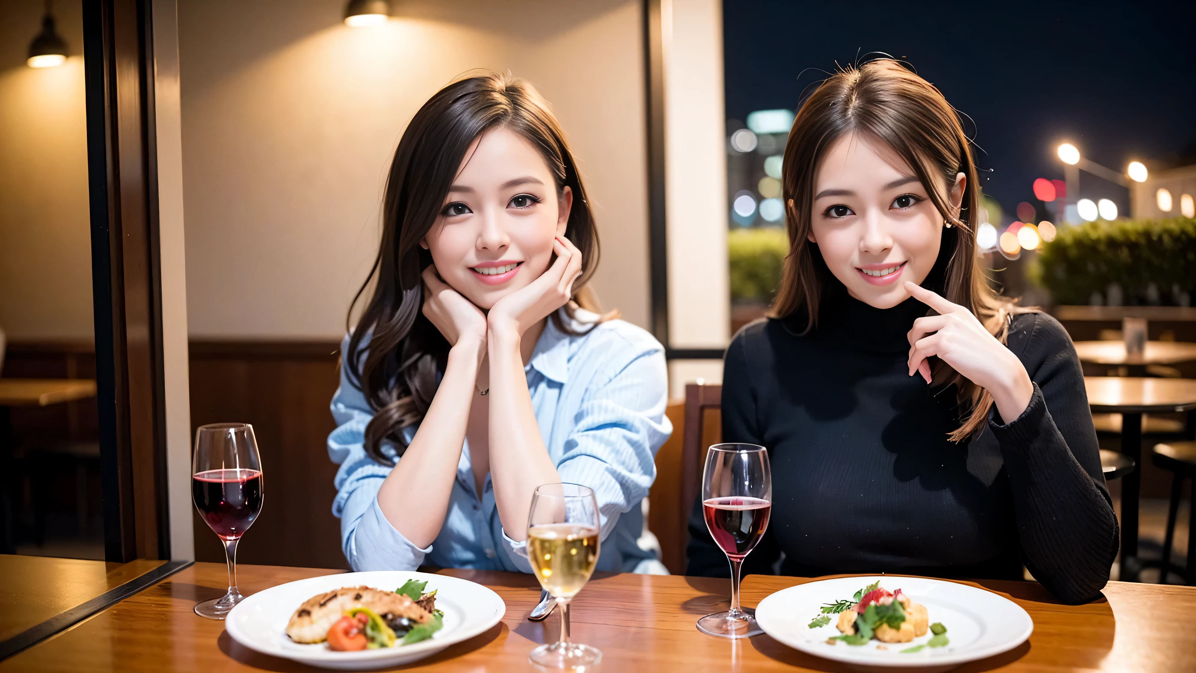 64k, Hmm, highest quality, masterpiece: 1.2), (realistic, photorealistic: 1.37),White wine、red wine、wine glass、wine bottle、sparkling wine、やわらかなsmile、gentle expression、 Super detailed, celebration party、beauty、charm、beautiful mature woman、3 women who love wine、three men、Tokyo、Yokohama、Paris、venice、Rome、Champagne、sparkling wine、winter night、restaurantでワイン宴会、(slimな男女4名),(Wine party for 5 people)、(slimフェイス),Happy、 最高なsmile、fox mask、Berry Short、(because I'thin), (brown hair), (shortcut), long sleeve shirt、winter fashion、Columbia、Brazilian、Japanese、Dutch、German、Portuguese、Belgian、Italian、French, (Squirting), (slimボティ), (brown hair), (shortcut), 端正なbeauty、cheeks turn a little red, (41 years old), 38 years old, 35 years old、32 years old、 A beautiful and detailed night view spreads out outside the window............., restaurant, wine glassが座っている, At night, in a prominent place (from the Upper body) nova frog style, actress, model, Upper body, White wine, slim, wine glass, Very beautiful night view, wine glass Put in the Middle, Happy smile, (smile: 1.15),