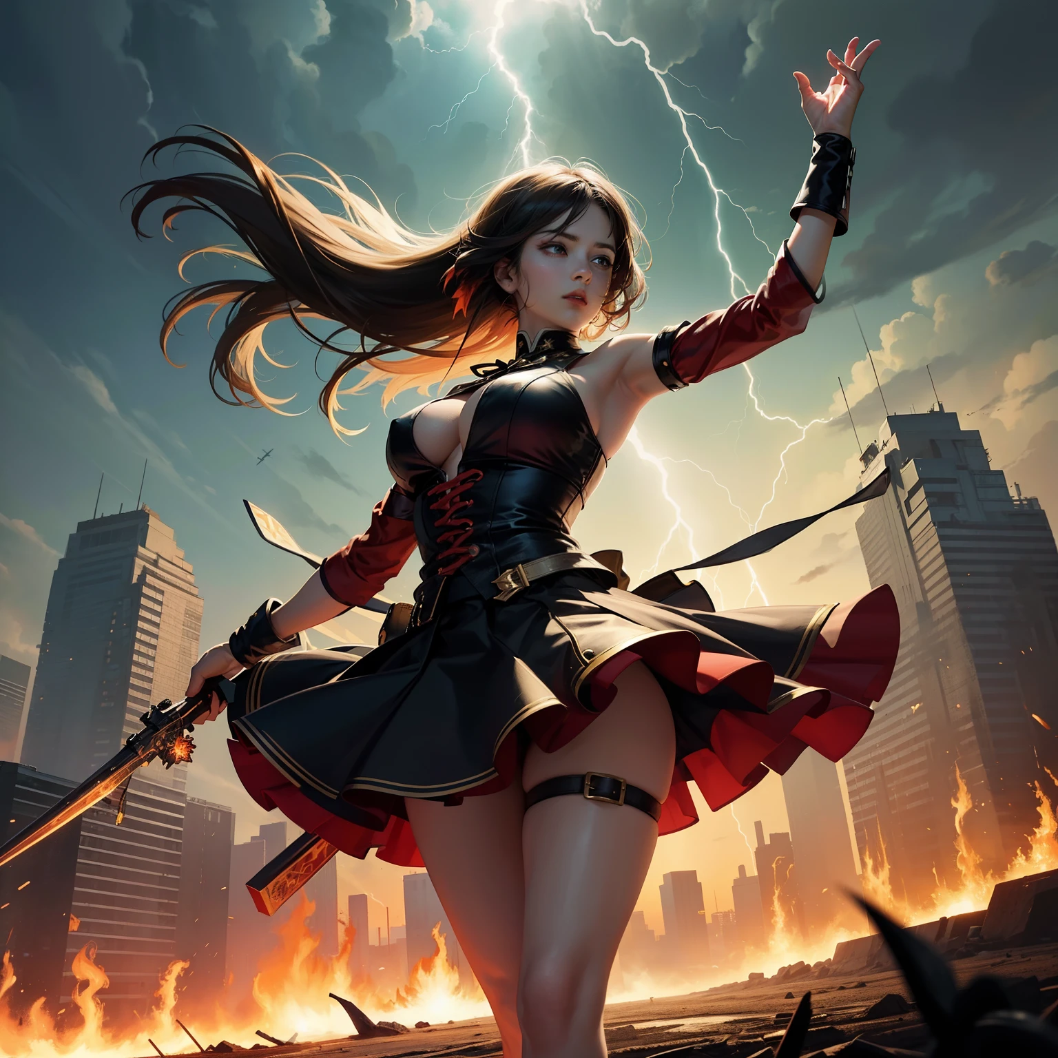 On the battlefield of storms,A woman dressed in a ta outfit uses a weapon with the power of the fire element..(( Lightning danced next to her.)), It reflects the strength of her determination.,Because she embodies the power of nature's power in battle..official art, 8K wallpaper, very detailed, beautiful and aesthetic, beautiful, Masterpiece, best quality,(Focus on the thighs and up.),Clear face,The eyes are detailed.,(wind,hair flying,Flow skirt),