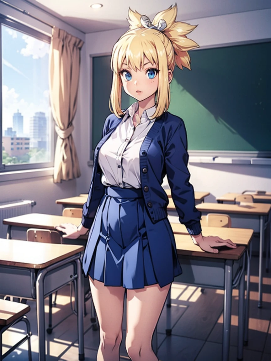 pleated skirt, dress shirt, cardigan, low heels, long white socks, school, classroom, kohaku, blonde hair, blue eyes