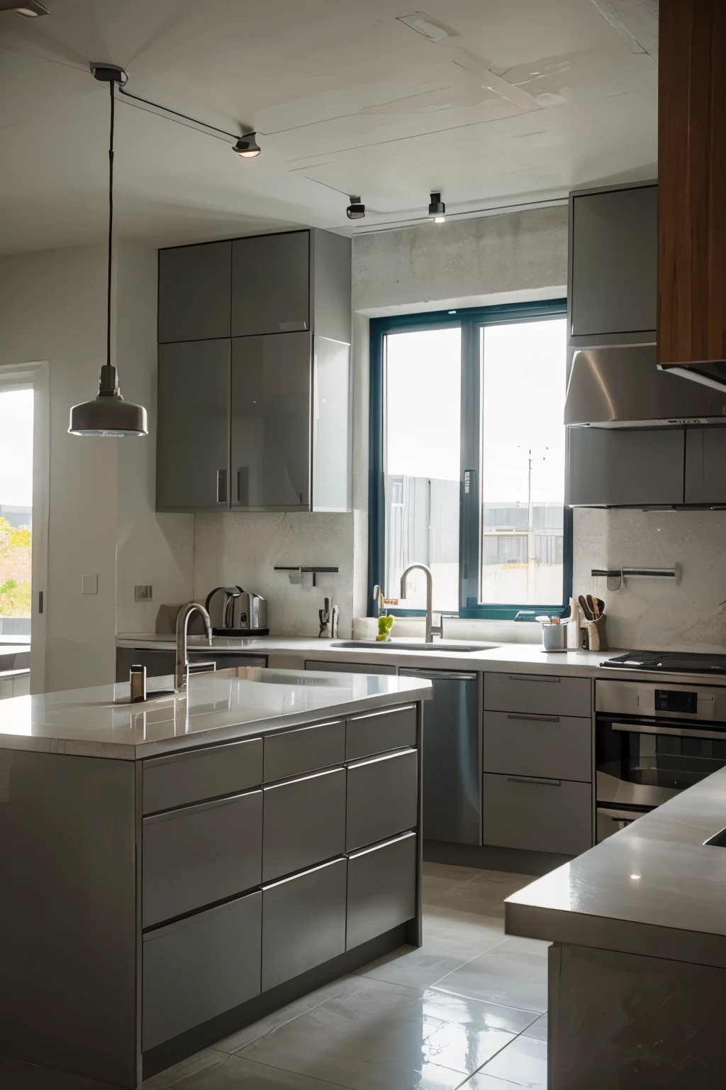 Microcement island in a modern industrial design kitchen. There is a big window and the scene is well lighted.
