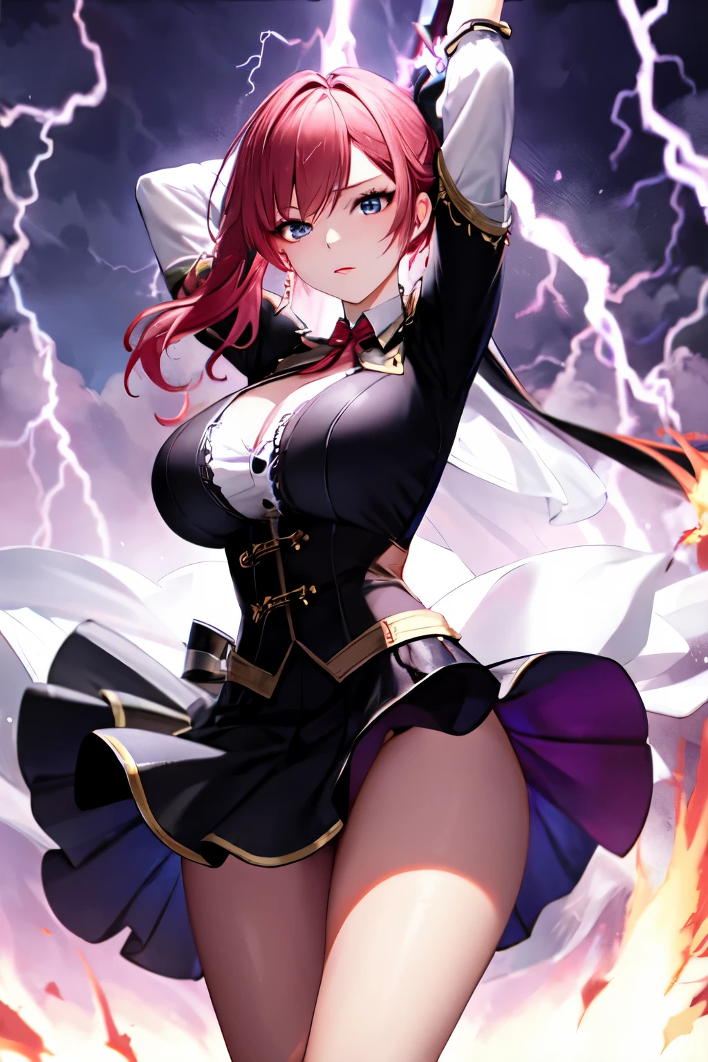 On the battlefield of storms,A woman dressed in a ta outfit uses a weapon with the power of the fire element..(( Lightning danced next to her.)), It reflects the strength of her determination.,Because she embodies the power of nature's power in battle..official art, 8K wallpaper, very detailed, beautiful and aesthetic, beautiful, Masterpiece, best quality,(Focus on the thighs and up.),Clear face,The eyes are detailed.,(wind,hair flying,Flow skirt),