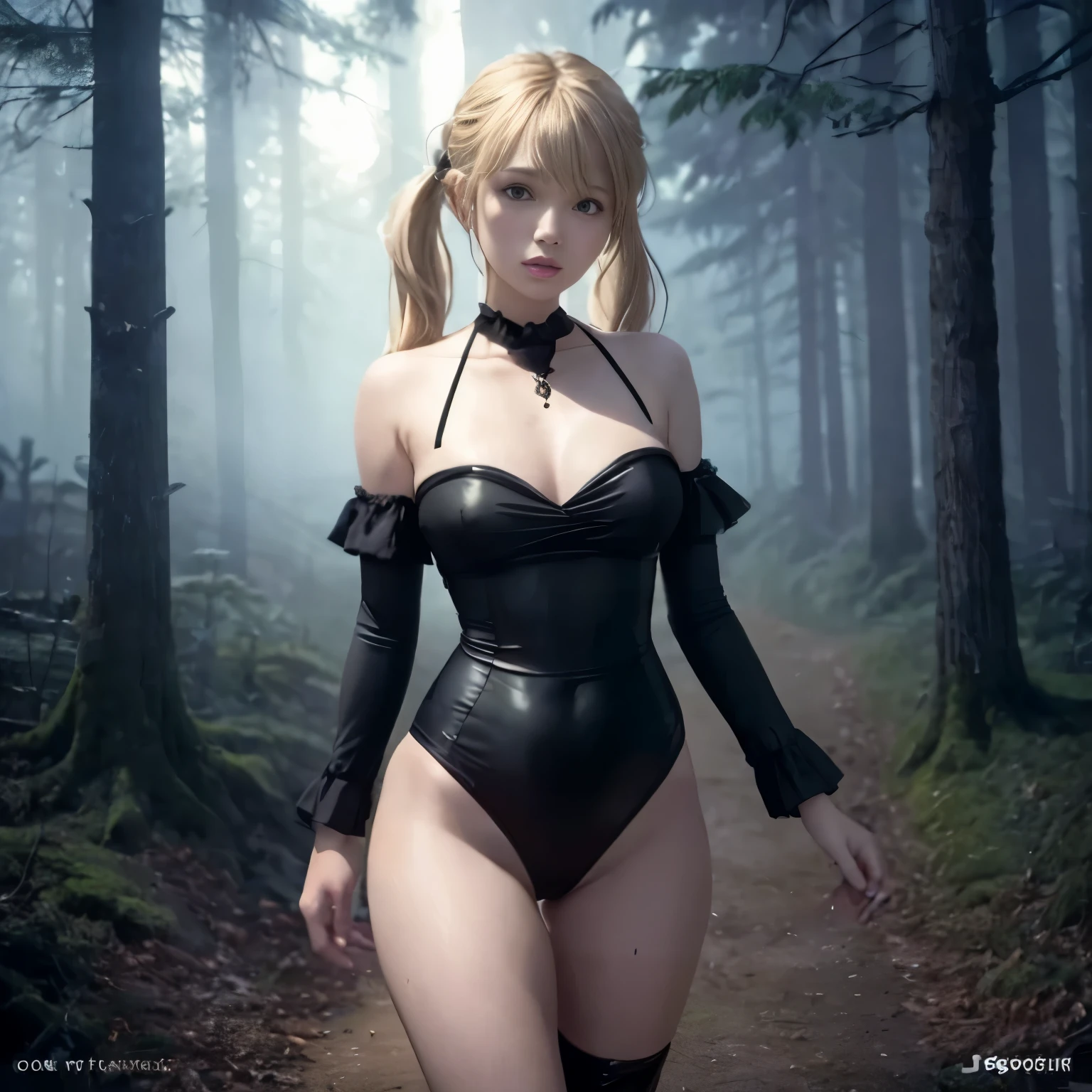 a close up of a woman in a black body suit in a forest, sexy maid in the magical forest, stop 4, in the forest, deep in the forest, stop 4 *, seductive anime girl, ( ( stop 4 # ) ), body suit, money, [ trending on cgsociety ]!!, in the forestで