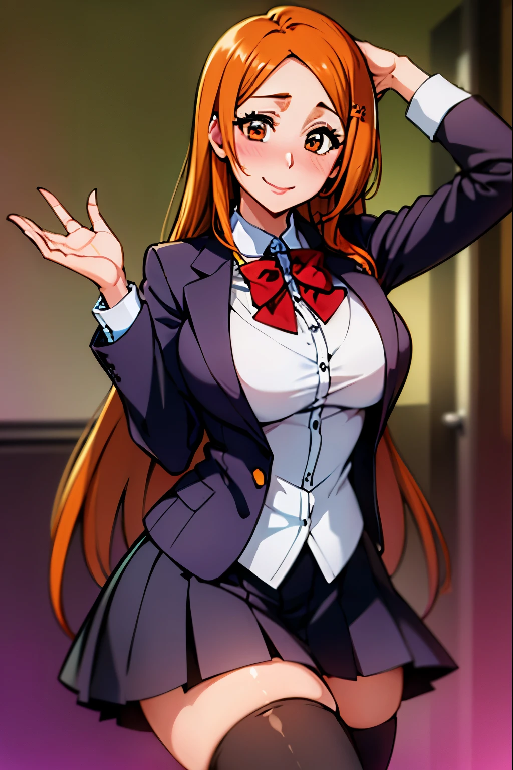 Orihime Inoue, ovary, 1girl, Single, School Dress,A pocket, Gray Halloween,Hair between the eyes, long hair, Hair decoration, Looking at the scenes, Untidy hair,  Orange hair, Single, Thigh high stockings, Thighs, long hair, ((Masterpiece)), Acquaintance, Sexy situation, Blush, shy, He smiles, Mouth closed,