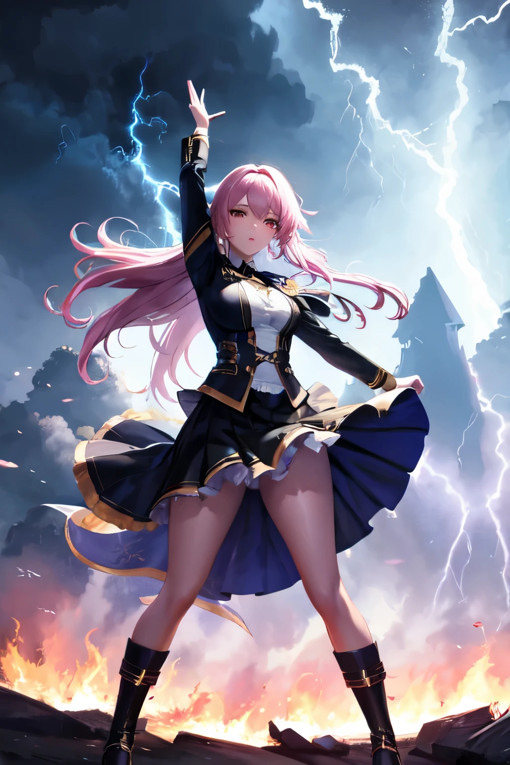 On the battlefield of storms,A woman dressed in a ta outfit uses a weapon with the power of the fire element..(( Lightning danced next to her.)), It reflects the strength of her determination.，Because she embodies the power of nature&#39;s power in battle..official art, 8K wallpaper, very detailed, beautiful and aesthetic, beautiful, Masterpiece, best quality，(Focus on the thighs and up.)，Clear face，The eyes are detailed.，(wind，hair flying，Flow skirt)，