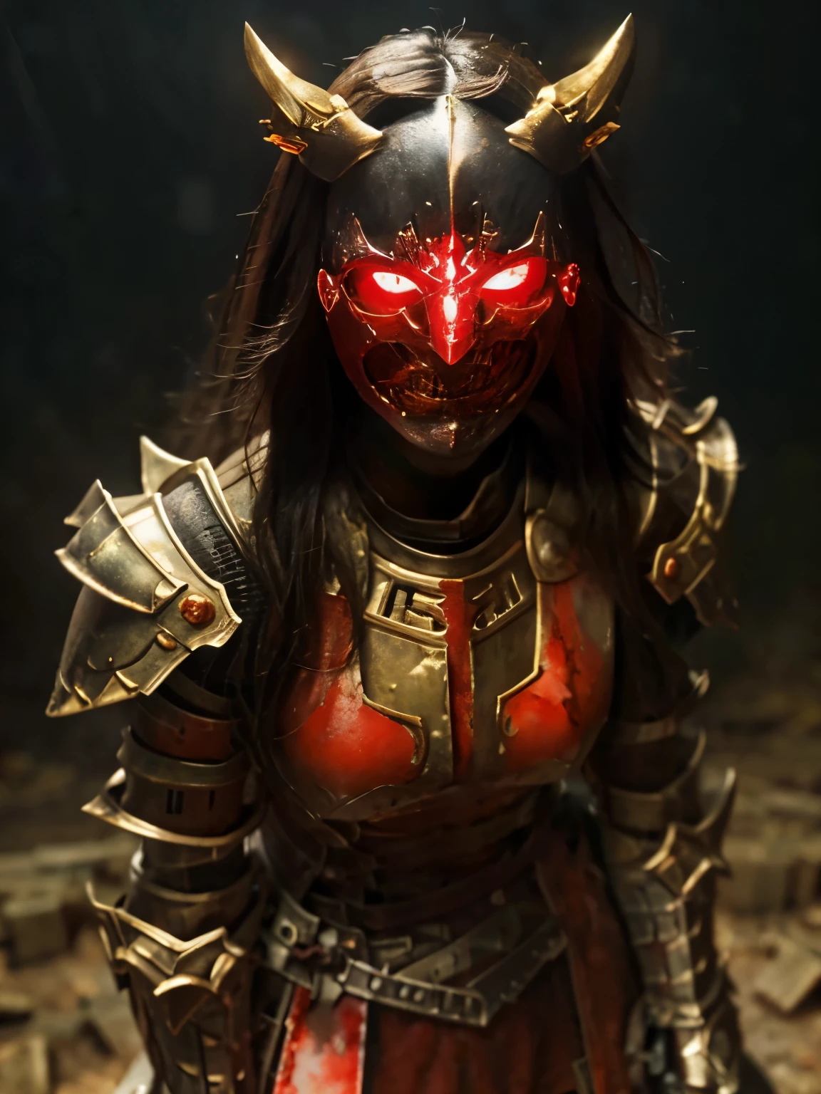 (((high-detail, masterpiece, Attention to detail, realistic, beautiful, full body photograph))), perfect studio lightning, 18 years old, delightful face, ideal body, virgin, long smooth straight hair, tied behind, large breast, attack pose, random expression, wearing japan heavy armor, golden armor, full body armor, Unreal Engine Art Trend, swinging japan sword, attacking pose, sweating, bloodstained face, bloodstainder armor, bloodbath, fire everywhere, epic battle background, battleground, carnage, war zone, no helmet,