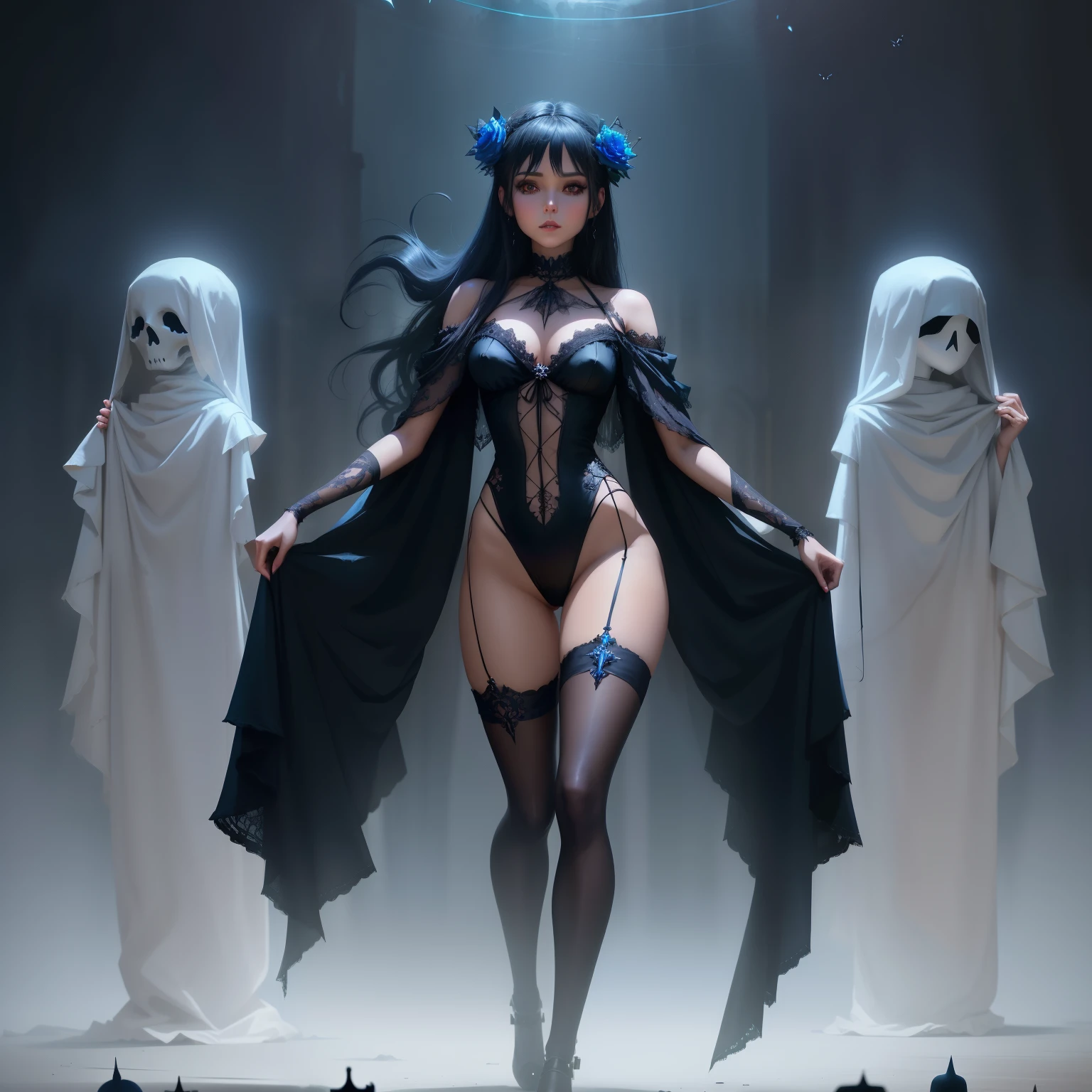 Arafe woman in a black dress and three ghost dolls, lost run 8k, In the style of Los Tran, Written by Ross Tran, Los Tran and Wallop, goddess of death, inspired Written by Ross Tran, beautiful necromancer girl, dark fantasy style art, lost run style, in style of dark fantasy art, beautiful magician
