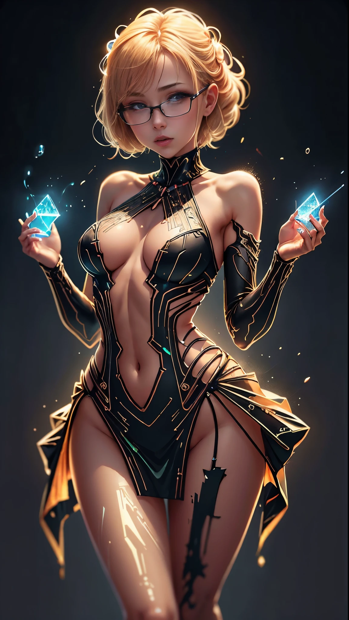 bailing_light element, translucent luminous body, girl made of light, 3 girl, high heels, crystal，dress, crystal, eyeglasses, full body, one-piece swimsuit, navel, see-through, HUBG，Red Ribbon, black corset, erotic lingerie