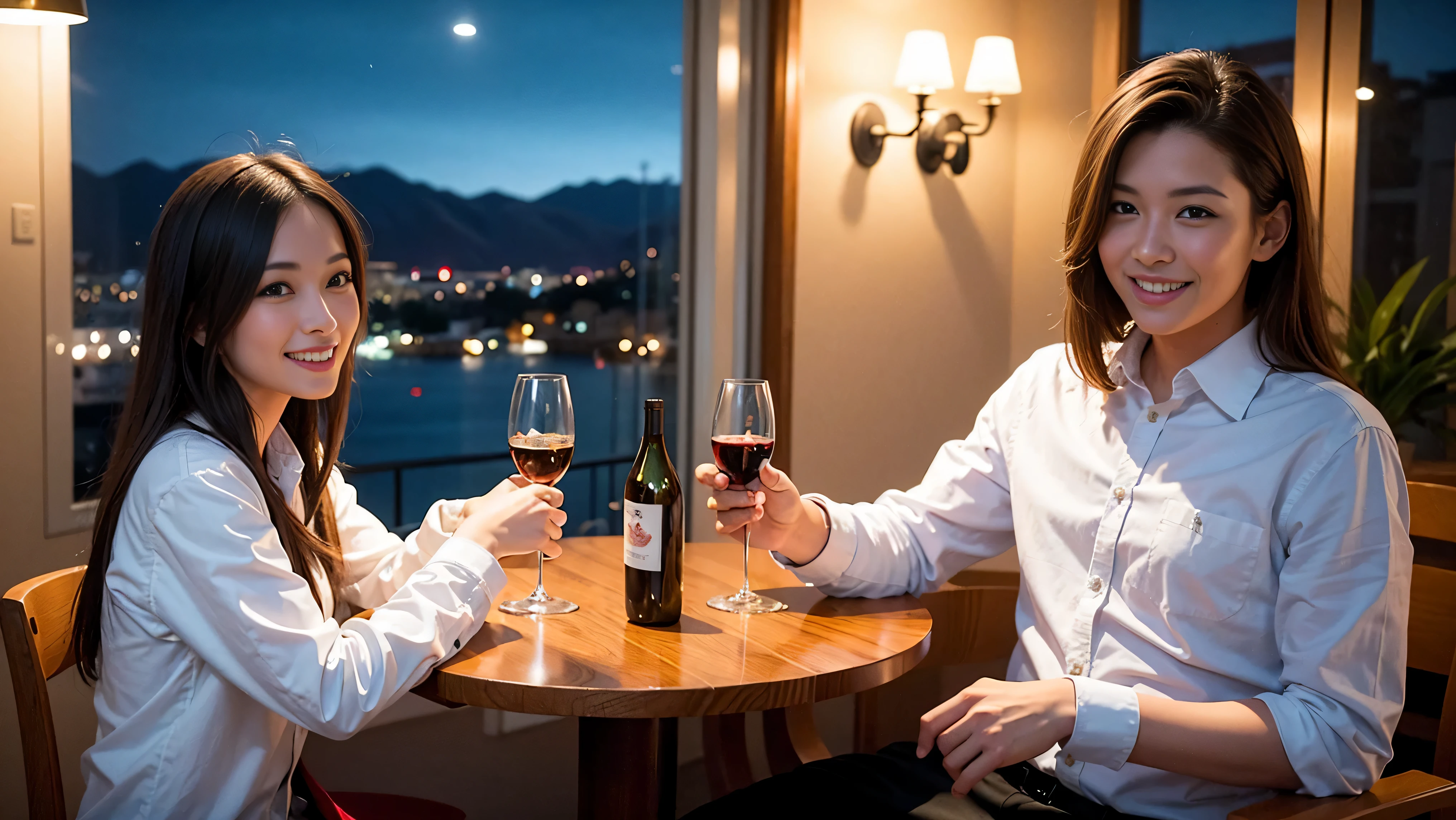 64k, Hmm, highest quality, masterpiece: 1.2), (realistic, photorealistic: 1.37), White wine、red wine、wine glass、wine bottle、sparkling wine、There are many wine fans..、(slimな男女4名),(Wine party for 5 people)、(slimフェイス),Happy、 最高なsmile、Fox face、Raccoon face、Berry Short、(because I'thin), (brown hair), (shortcut), long sleeve shirt、winter fashion、Colombian、Brazilian、Japanese、Dutch、German、Portuguese、Belgian、Italian、French,Champagne、sparkling wine、 (gush out), (slimボティ), (brown hair), (shortcut), neat beauty、cheeks turn a little red, (35 years old), 38 years old, alone, A beautiful and detailed night view spreads out outside the window...., restaurant, wine glassが座っている, At night, in a prominent place (from the Upper body) nova frog style, actress, model, Upper body, White wine, slim, wine glass, Very beautiful night view, wine glass Put in the Middle, Happy smile, (smile: 1.15),