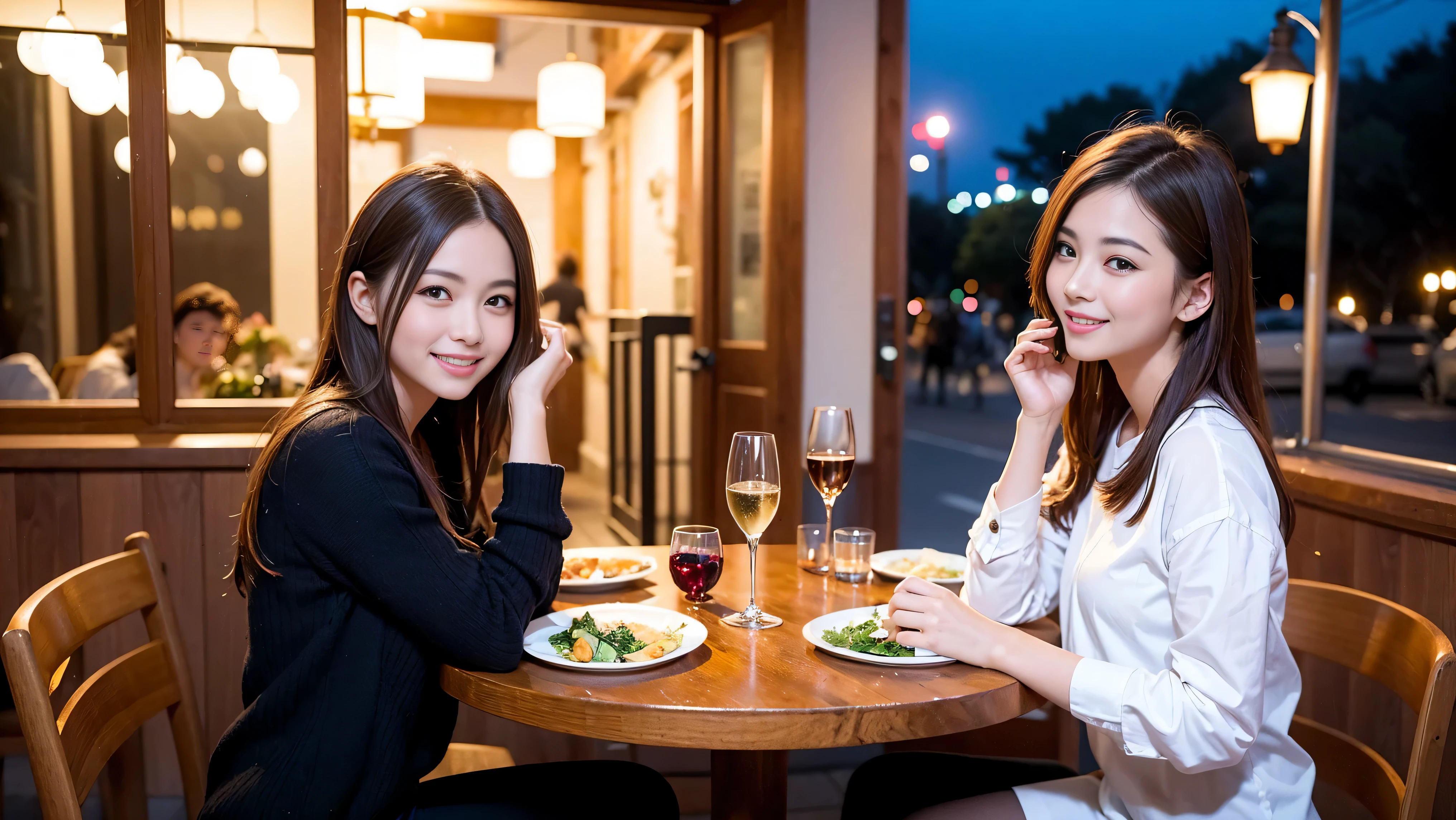 k, Hmm, highest quality, masterpiece: 1.2), (realistic, photorealistic: 1.37), White wine、red wine、wine glass、wine bottle、sparkling wine、There are many wine fans..、(slimな男女4名),(Wine paor 5 people)、(slimフェイス),Happy、 最高なsmile、Fox face、Raccoon face、Berry Short、(because I'thin), (brown hair), (shortcut), long sleeve shirt、winter fashion、Colombian、Brazilian、Japanese、Dutch、German、Portuguese、Belgian、Italian、French,Champagne、sparkling wine、 (gush out), (slimボティ), (brown hair), (shortcut), neat beauty、cheeks turn a little red, (35 years old), 38 years old, alone, A beautiful and detailed night view spreads out outside the window...., restaurant, wine glassが座っている, At night, in a prominent place (from the Upper body) nova frog style, actress, model, Upper body, White wine, slim, wine glass, Very beautiful night view, wine glass Put in the Middle, Happy smile, (smile: 1.15),