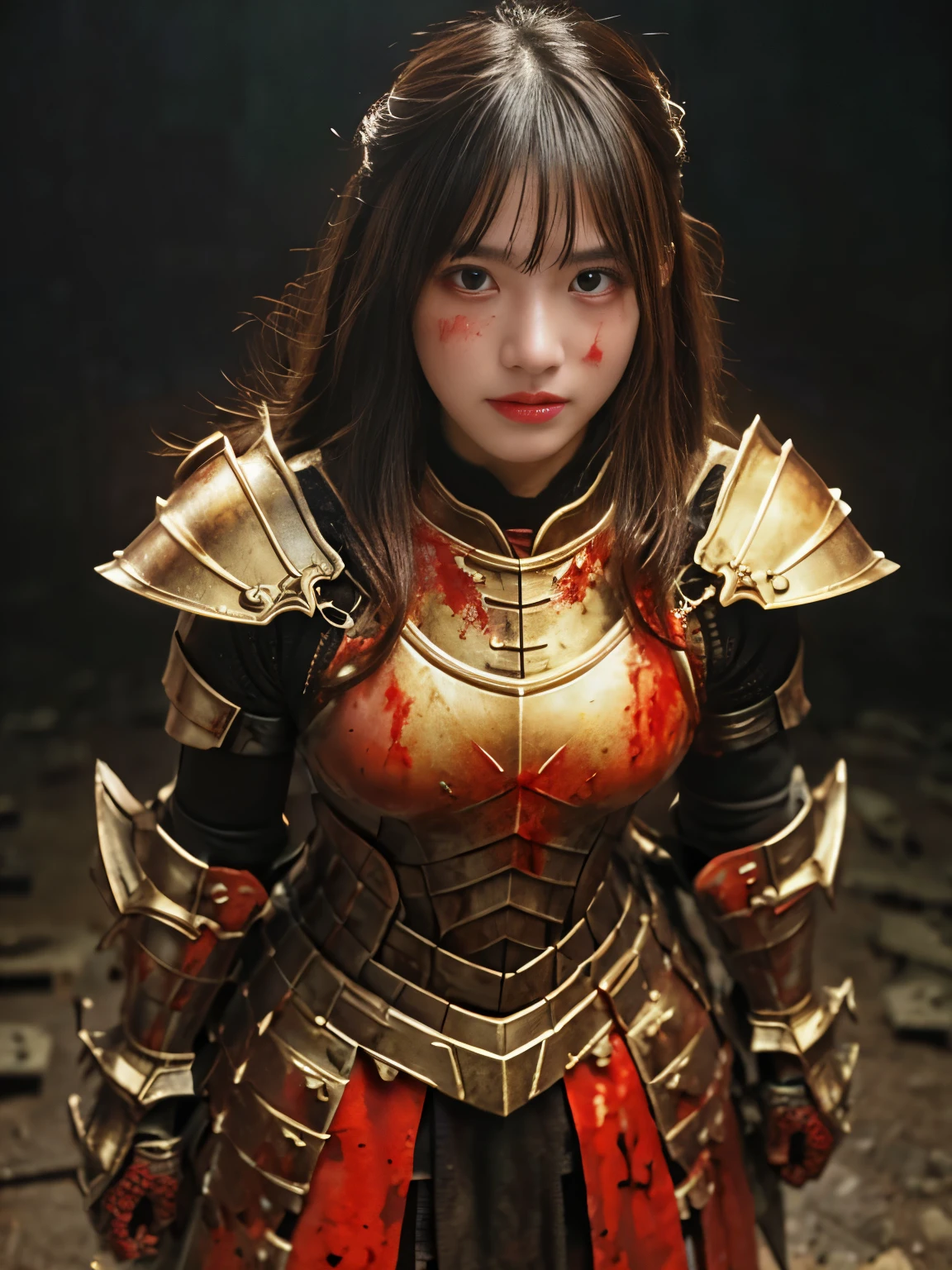(((high-detail, masterpiece, Attention to detail, realistic, beautiful, full body photograph))), perfect studio lightning, 18 years old, delightful face, ideal body, virgin, long smooth straight hair, tied behind, large breast, random pose, random expression, wearing japan heavy armor, golden armor, full body armor, Unreal Engine Art Trend, swinging japan sword, attacking pose, sweating, bloodstained face, bloodstainder armor, bloodbath, fire everywhere, epic battle background, battleground, carnage, war zone, no helmet,