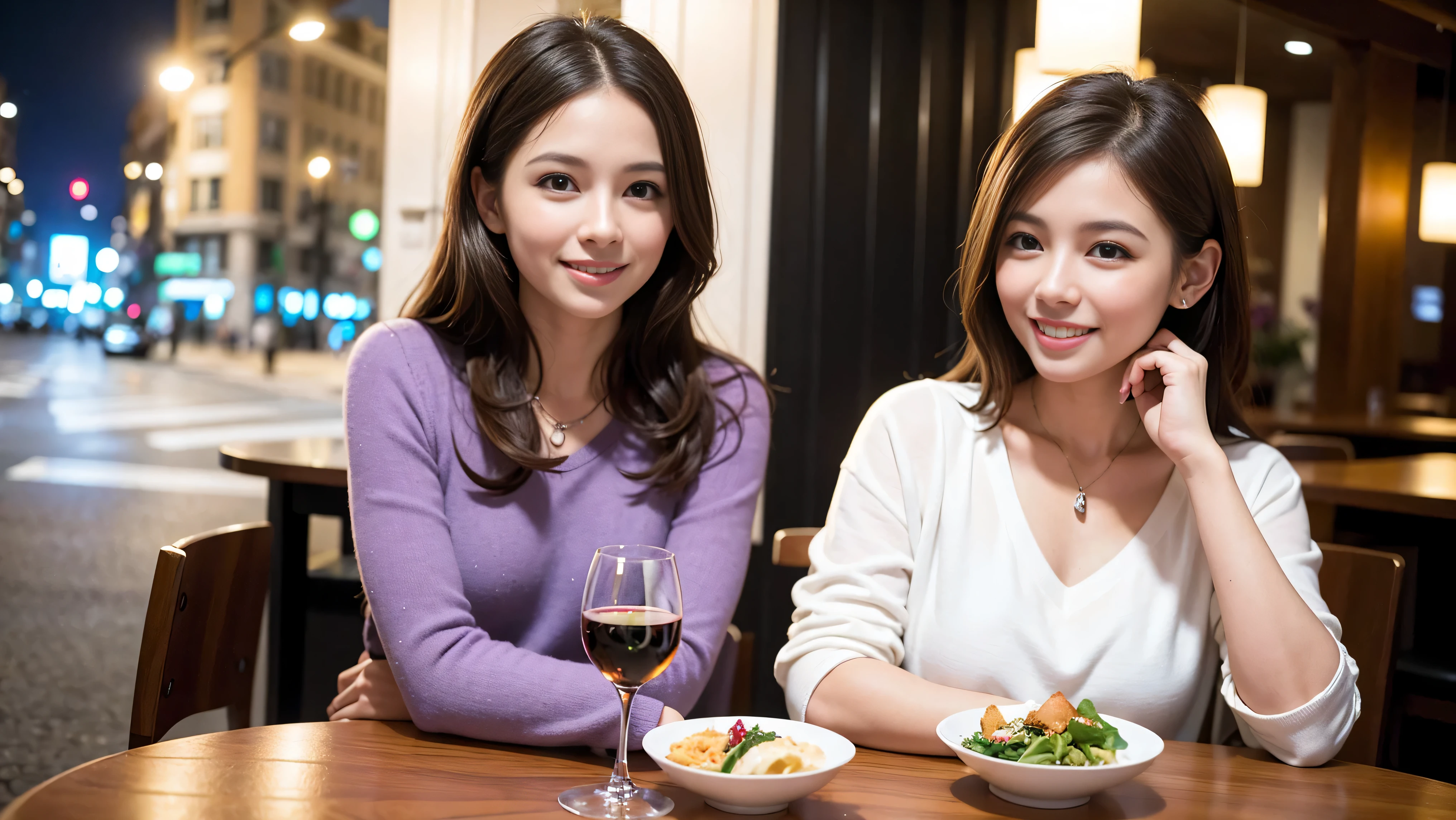 64k, Hmm, highest quality, masterpiece: 1.2), (realistic, photorealistic: 1.37), White wine、red wine、wine glass、wine bottle、sparkling wine、slimな男女4名, Wine Party、(slimフェイス),Happy、 最高なsmile、Fox face、Raccoon face、Berry Short、(because I'thin), (brown hair), (shortcut), long sleeve shirt、winter fashion、Colombian、Brazilian、Japanese、Dutch、German、Portuguese、Belgian、Italian、French,Champagne、sparkling wine、 (gush out), (slimボティ), (brown hair), (shortcut), neat beauty、cheeks turn a little red, (35 years old), 38 years old, alone, A beautiful and detailed night view spreads out outside the window...., restaurant, wine glassが座っている, At night, in a prominent place (from the Upper body) nova frog style, actress, model, Upper body, White wine, slim, wine glass, Very beautiful night view, wine glass Put in the Middle, Happy smile, (smile: 1.15),