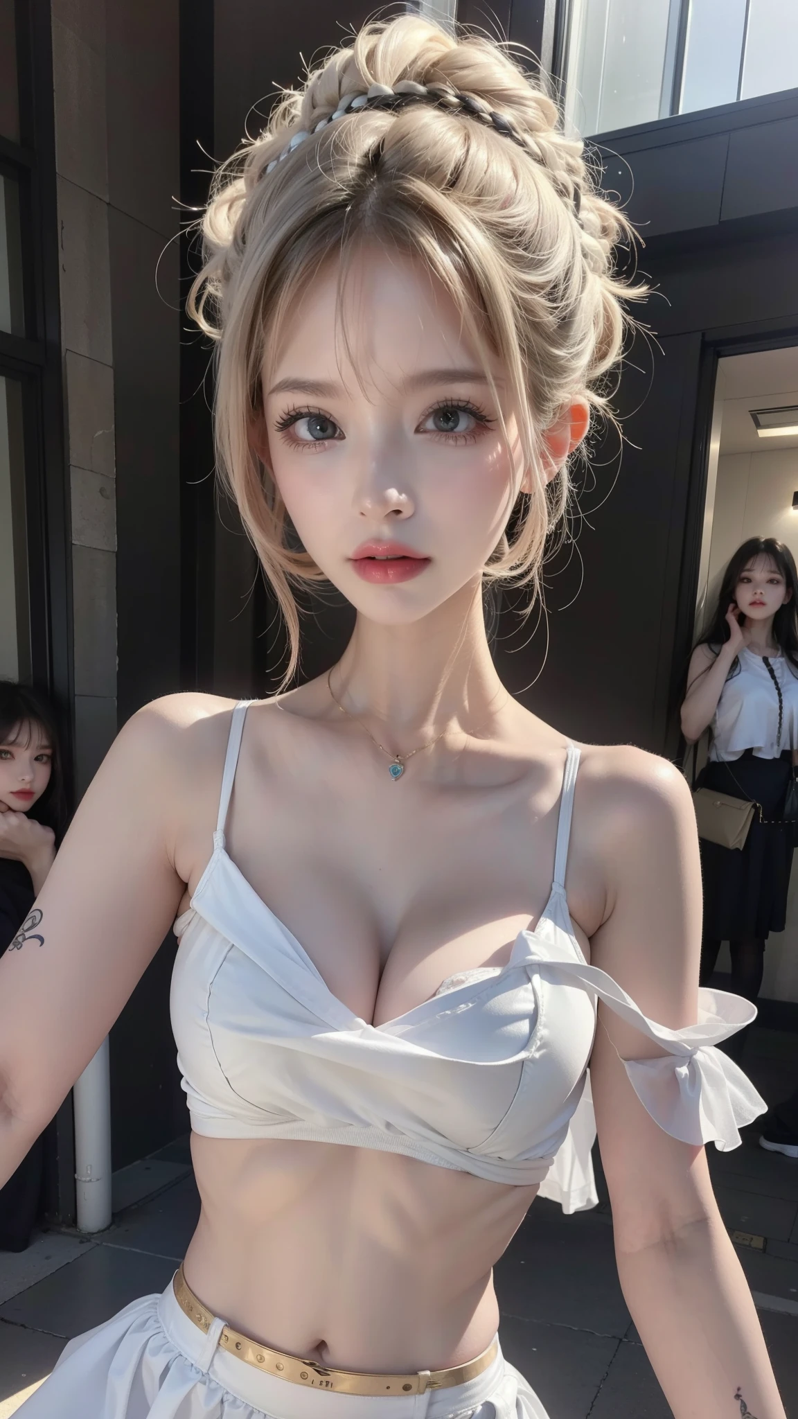Tips for the first topic are as follows: quality, 8k, 32k, on the table:1.3), Super detailed, (realistically:1.4), White, Albinism, punk girl, delicate eyes, upper body, Luxurious Punk Hairstyle, Avant-garde punk fashion, Avant-garde makeup, numerous piercings, There are a lot of tattoos, street background, backlight effect, shallow view deep, blurred background"