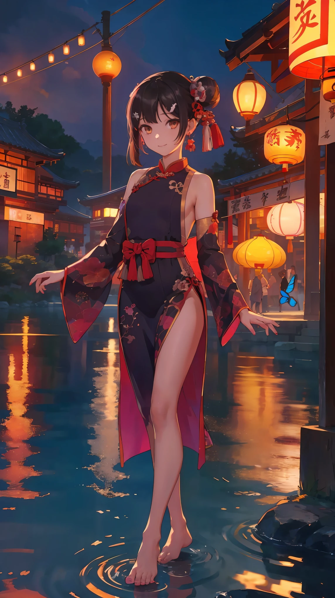 pov,1girl, (Miyu Edelfelt),loli,black hair,brown eyes,seductive smile,nsfw, barefoot, see-through dress, butterfly, butterfly hair ornament, backless dress, chinese clothes,sleeveless, double bun,golden dragon print,bare foot,,elbow gloves,hair bun, hair ornament,jewelry,earrings,anklet,slim legs,nail polish, small breasts, solo, toenail polish, toenails, toes, twintails,outdoor,Chinese style architecture, Chinese style, lake, ancient town, beautiful and meticulous water,the red lantern,fireworks,