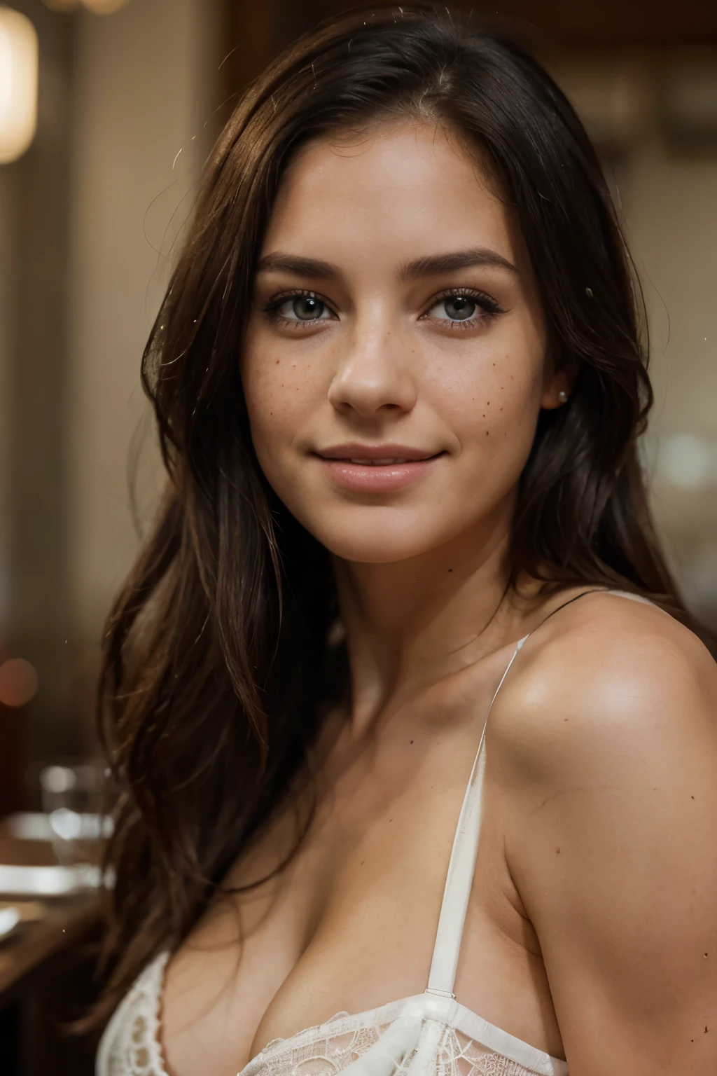 A photorealistic portrait of a 25-year-old Italian girl with long, flowing brown hair and striking brown eyes, wearing a blue bikini. She should have a smiling expression, directly facing the camera, and be illuminated by soft, golden-hour sunlight. Background is a Space-themed background with stars and planets. Her body should be facing the camera straight on. Capture this image with a high-resolution photograph using an 85mm lens for a flattering perspective.
