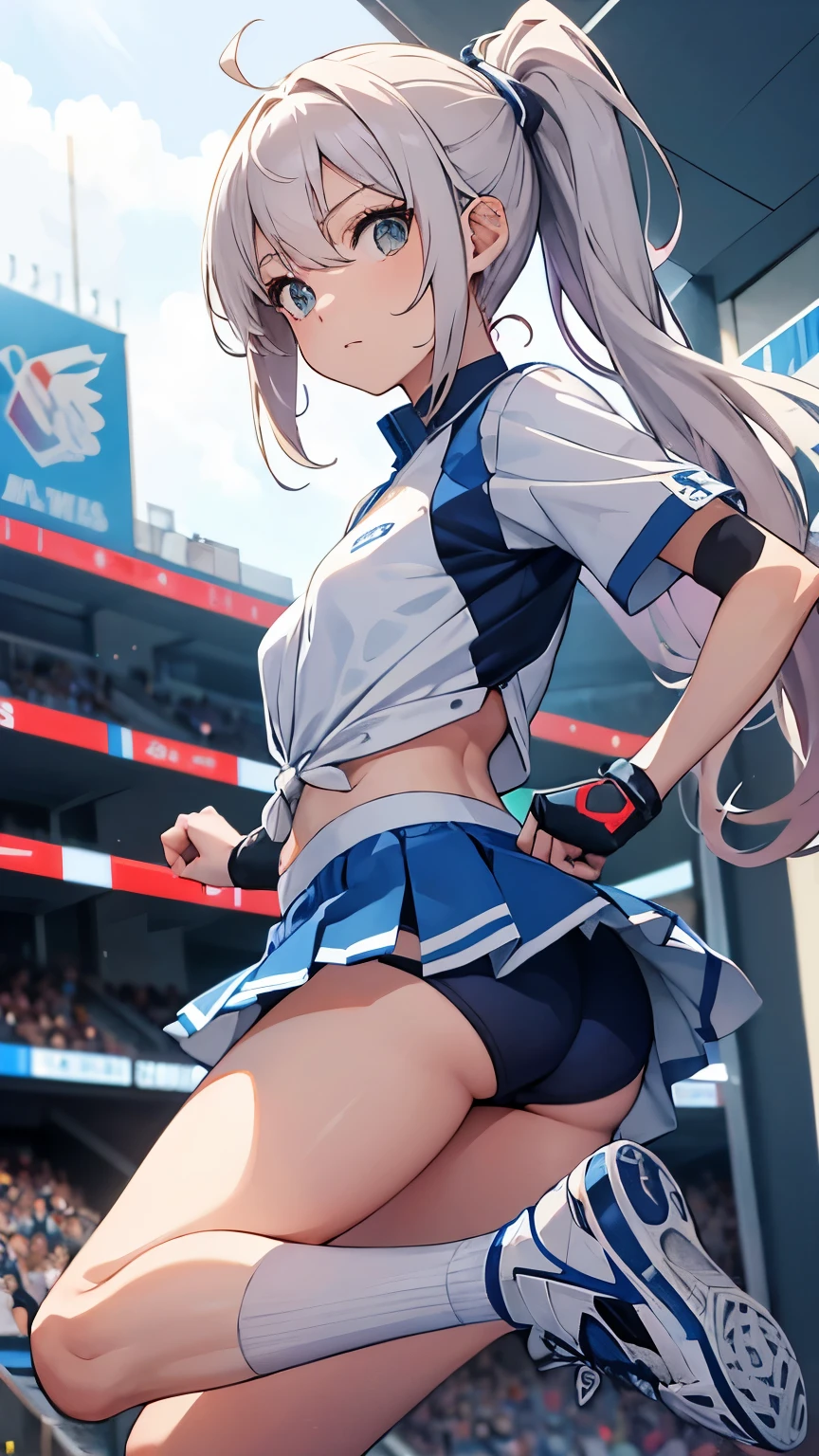 "She is an anime girl with an athletic and energetic appearance., con un uniforme completo de baloncesto que resalta su figura esbelta y tonificada. Su cabello es largo, de un blanco resplandeciente, tied in a high ponytail that gives it a youthful and dynamic air. Her locks fall softly over her face as she looks directly towards the viewer with determination.. His eyes shine with a mix of passion and confidence., reflecting his love for sport and his competitive spirit.

Viste medias blancas que contrastan con la oscuridad de su uniforme, y aunque no lleva tenis, muestra con orgullo sus pies con medias blancas, adding a playful touch to your image. His posture is dynamic and confident, ready to jump onto the court and face any challenge that comes your way. In his eyes you can perceive the determination and desire to improve., characteristics that make it stand out both in sports and in daily life within the anime world."