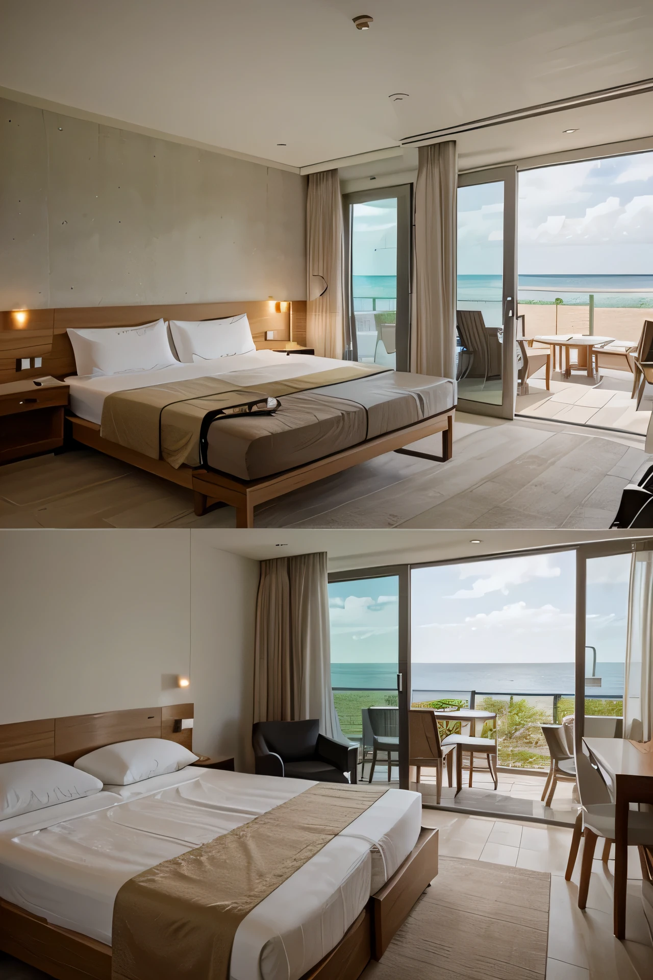Modern luxurius hotel room with microcement walls and wooden furniture. There are big windows with a nice view to the sea.