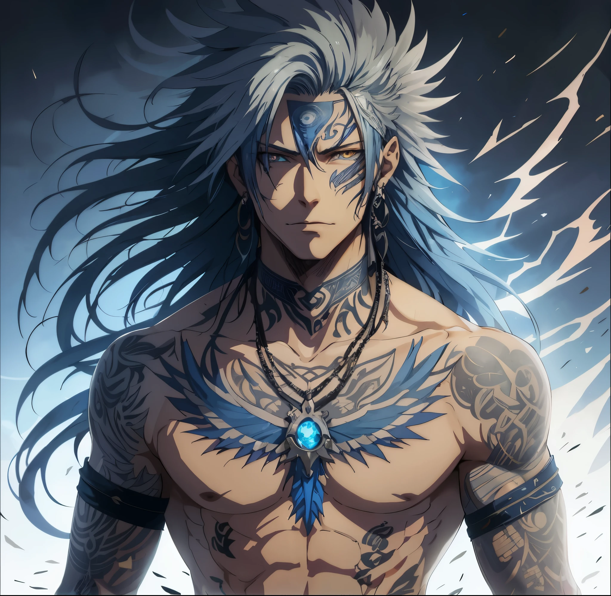 anime character with blue hair and tattoos in front of a cloudy sky, menino tribal de anime com cabelo comprido, handsome guy in demon slayer art, badass anime 8 k, male personagem de anime, detailed personagem de anime art, Djinn Human Hybrid, personagem de anime; arte de corpo inteiro, personagem de anime, cara de anime alto com olhos azuis, advanced digital anime art”, Caminhada Otaku