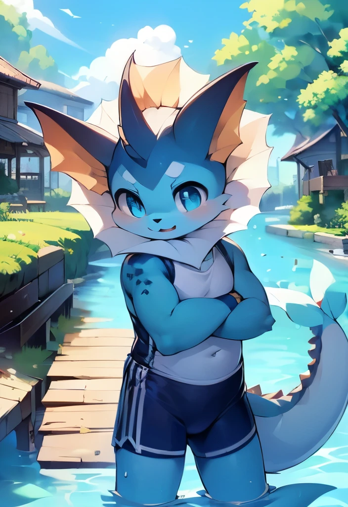 masterpiece, high quality, number \(artwork\),(fluffy fur,Character focus:1.1), Water Ibrahimovic，Vaporeon,whole body, Shota，**********，Proud young man，Bright Eyes,panoramic,Character focus.(Detailed background:1.2),alone,hairy的 male ,male focus,Hana Charcoal,eyes are very bright, (Cats、Blue one-piece swimsuit：1.2）panoramic, Character Focus Solo, hairy, hairy的Shota,blue eyes，young style，charming，long tail，In the water，swim