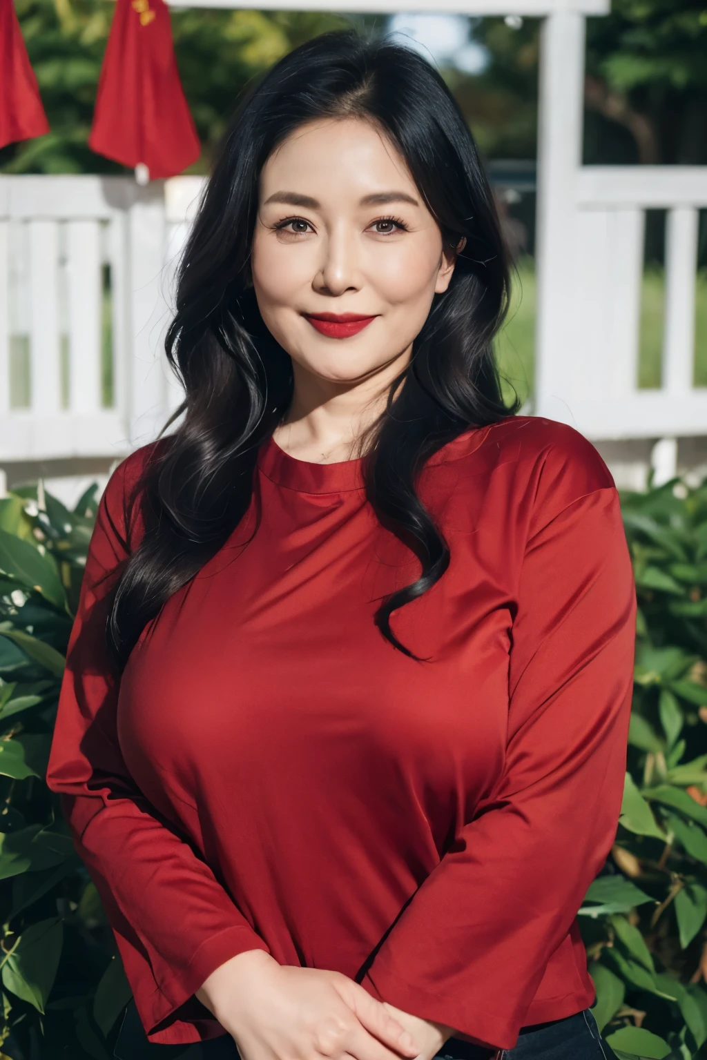 ((top quality、8k、masterpiece:1.3))、sharp focus, High level of image quality, high resolution，,red shirt，black tie，black jeans，37-year-old woman with long wavy hair，Mature，charming smile，Draw lips correctly, red lipstick，stand，Slightly fat，Big breasts，garden background，full-body shot