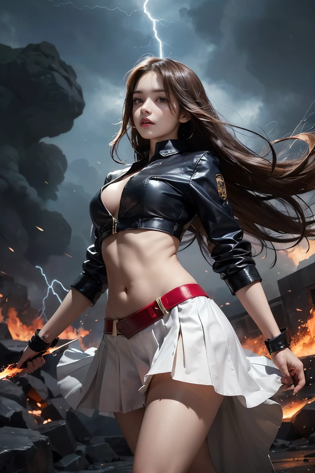 On the battlefield of storms, A woman dressed in a ta outfit uses a weapon with the power of the fire element..(( Lightning danced next to her.)), It reflects the strength of her determination.,Because she embodies the power of nature's power in battle..official art, 8K wallpaper, very detailed, beautiful and aesthetic, beautiful, Masterpiece, best quality,(Focus on the thighs and up.),Clear face,The eyes are detailed.,(wind,hair flying,Flow skirt),