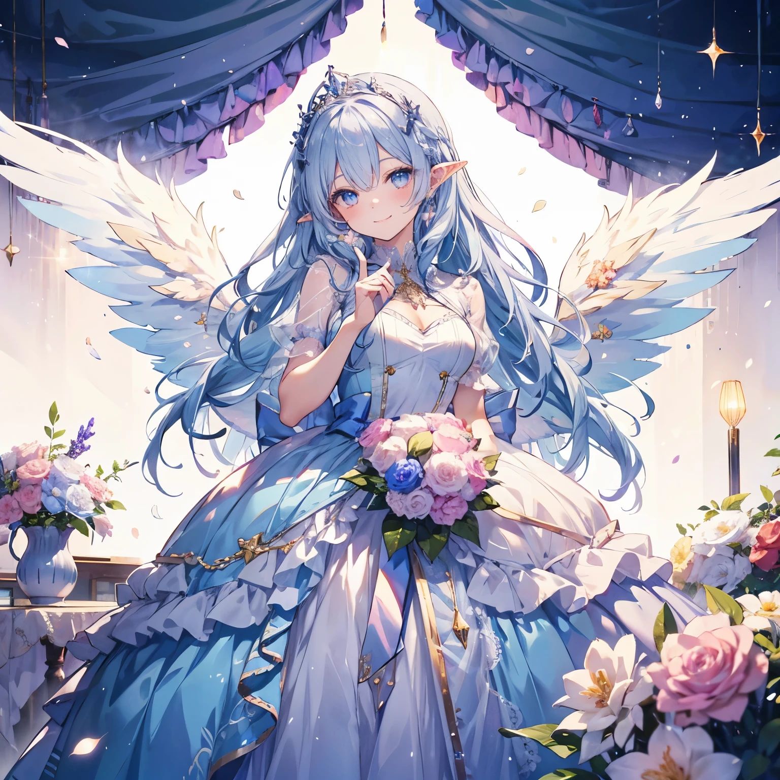 best quality, insanely detailed, beautiful, exquisite, 16K, Full-HD, absurdres,(whitebackground:1.5),soft expression,((light smile,Happy:1.5)),((Sparkling fluffy layered ball gown)),A large and beautiful dress inspired by rose flowers, Hanabubuki,lots of flowers、surrounded by flowers,frills、Intricate billowy ball gown with rhinestones ( table top, art station, fantasy art:1.2), See here,Standing with an elegant smile，pastel colour,((giant white fairy wings))、gradient hair, light blue hair, hair blowing in the wind, wavy hair,fluffy hair,tiara,anklet,lavender eyes, long eyelashes, beautiful purple eyes,light pink cheek,pointy ears, bright eyes, golden hour, shining light, warm lighting,