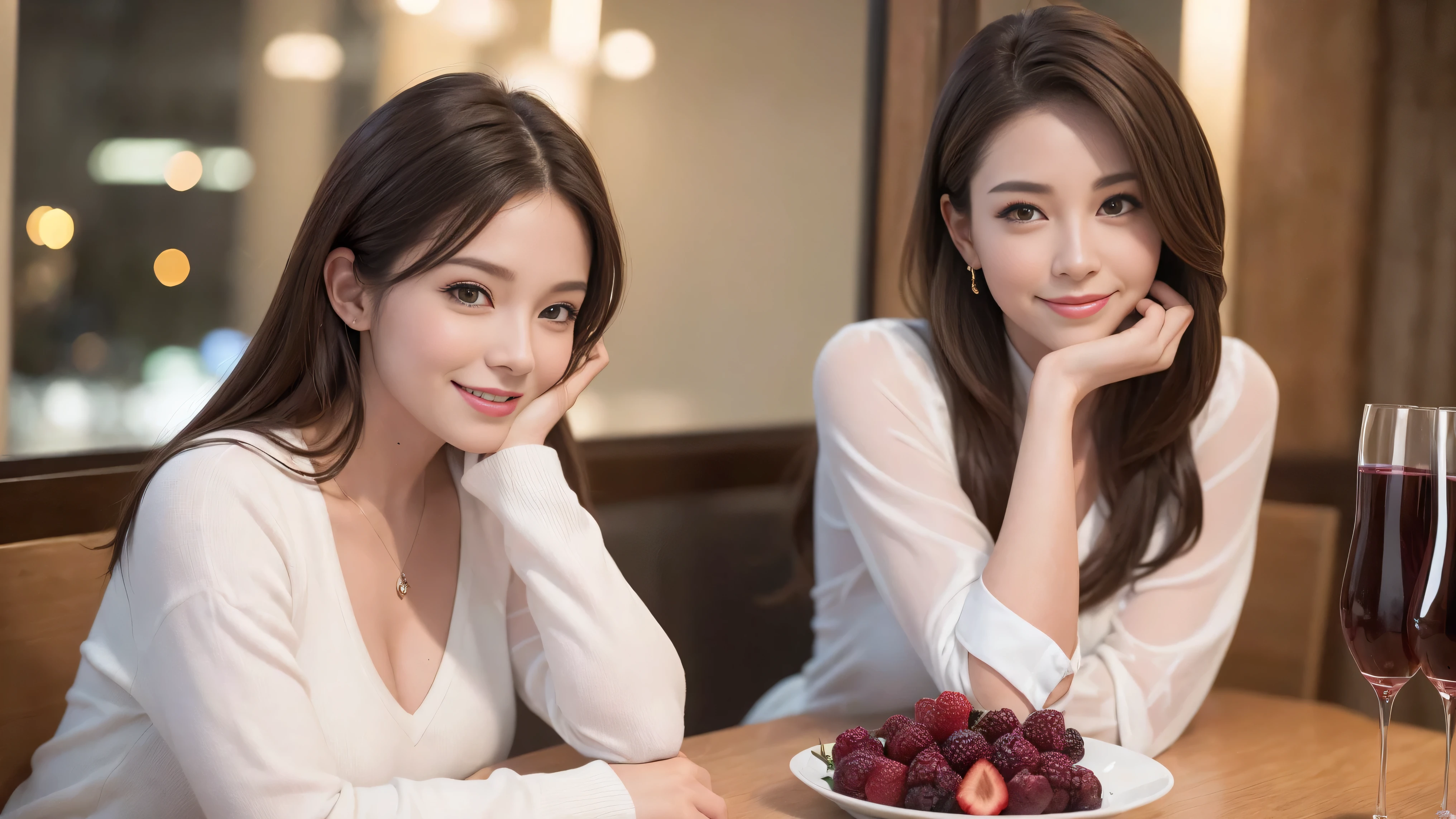64k, Hmm, highest quality, masterpiece: 1.2), (realistic, photorealistic: 1.37), White wine、red wine、wine glass、wine bottle、sparkling wine、slimな男女4名, Wine Party、(slimフェイス),Happy、 最高なsmile、Fox face、Raccoon face、Berry Short、(because I'thin), (brown hair), (shortcut), long sleeve shirt、winter fashion、Colombian、Brazilian、Japanese、Dutch、German、Portuguese、Belgian、Italian、French,Champagne、sparkling wine、 (gush out), (slimボティ), (brown hair), (shortcut), neat beauty、cheeks turn a little red, (35 years old), 38 years old, alone, A beautiful and detailed night view spreads out outside the window...., restaurant, wine glassが座っている, At night, in a prominent place (from the Upper body) nova frog style, actress, model, Upper body, White wine, slim, wine glass, Very beautiful night view, wine glass Put in the Middle, Happy smile, (smile: 1.15),