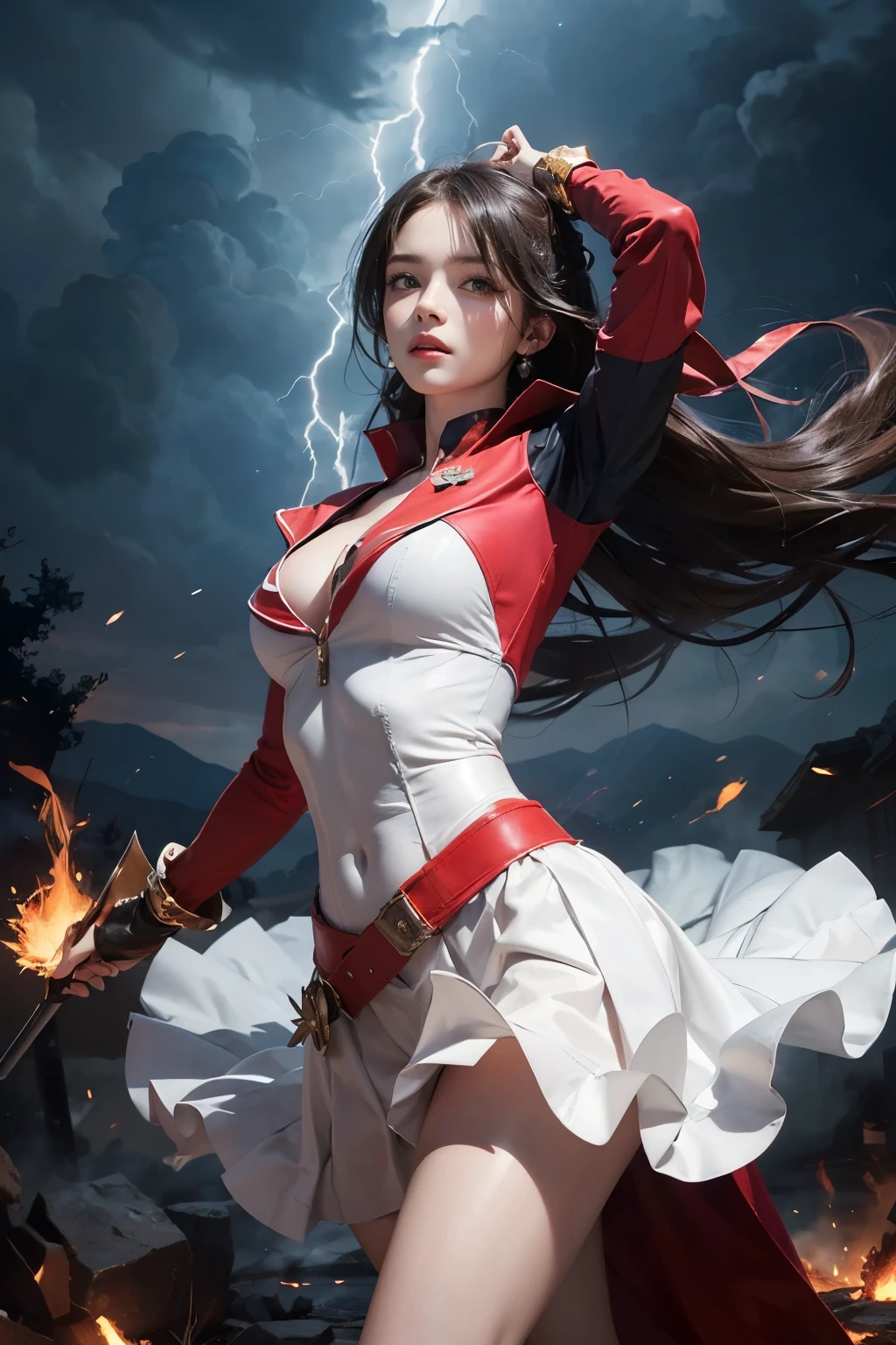 On the battlefield of storms, A woman dressed in a ta outfit uses a weapon with the power of the fire element..(( Lightning danced next to her.)), It reflects the strength of her determination.,Because she embodies the power of nature's power in battle..official art, 8K wallpaper, very detailed, beautiful and aesthetic, beautiful, Masterpiece, best quality,(Focus on the thighs and up.),Clear face,The eyes are detailed.,(wind,hair flying,Flow skirt),