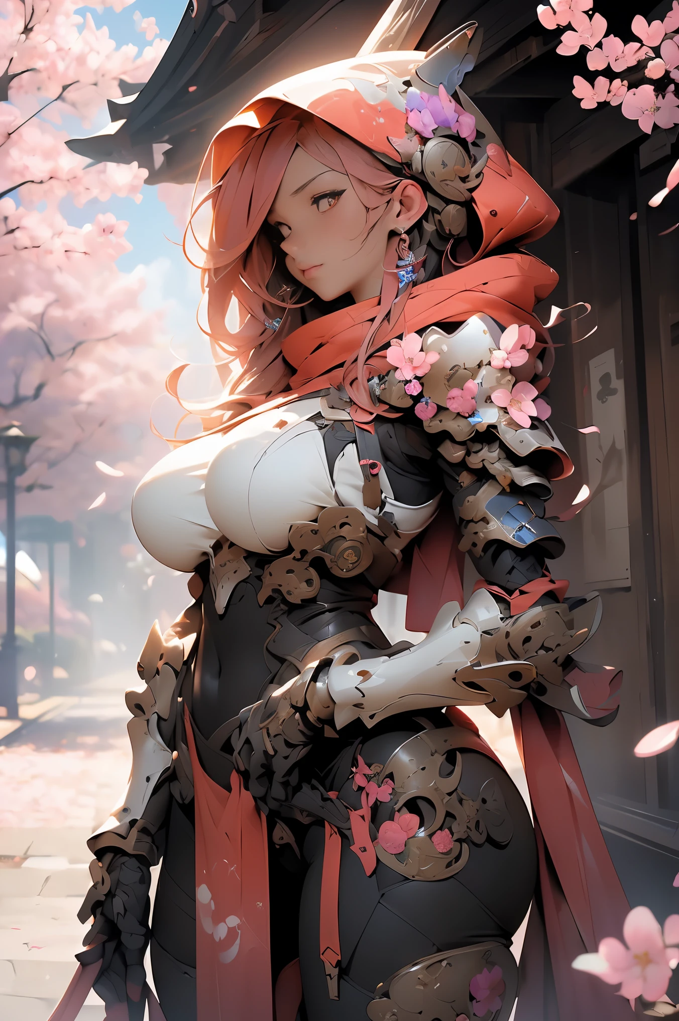 (masterpiece, top quality, best quality, official art, beautiful, cosmic, atmospheric, psychedelic, dreamlike, swirling psychedelic cosmic graffiti patterns,,aesthetic:1.2), (1girl, mecha, beautiful, sexy, beautuful highly detailed hooded mecha battle armor, mecha angel wings, tons of tattoos and piercings, super huge enormously gigantic tits, cleavage showing), extreme detailed,(fractal art:1.3),colorful,highest detailed, cherry blossoms blowing in the wind 