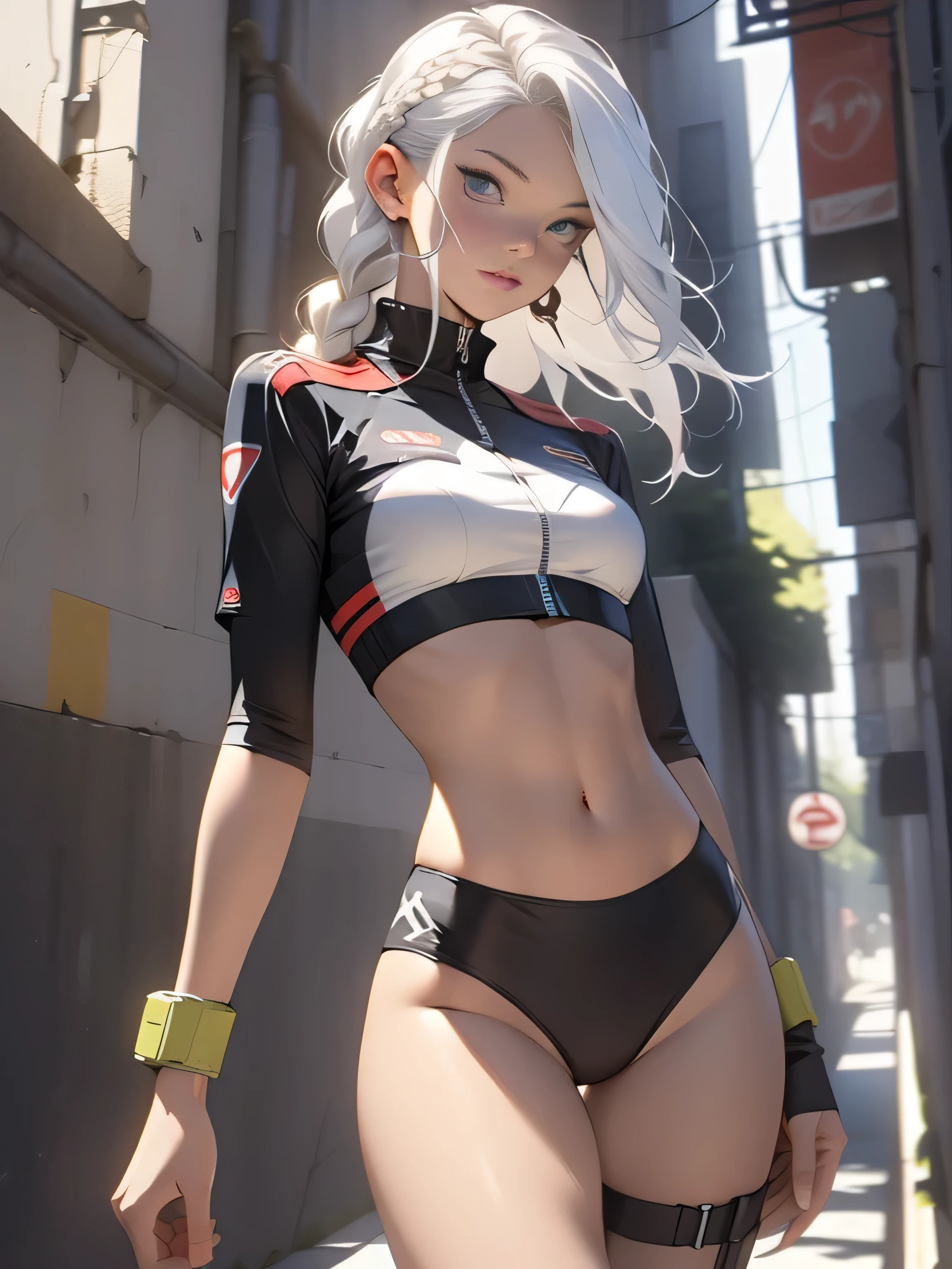 ((Best quality)), ((masterpiece)), (detailed: 1.4), (Absurd), War-ready female fighter pilot with military bikini, Marine, dark skin, defined sculpted body, full body, bare thighs, closed mouth, cyberpunk, semi naked, generous neckline, ((perfect medium breasts)), (super light blue eyes without pupililitary camouflage bikini)), (((white hair with braid)))), long eyelashes heavy makeup, garter belt, by mucha, niji --V5, close to real, psychopathic, perfect face, sexy pose, background with a giant head, 2 piece clothing, pastel, centered, scale to fit the dimensions, HDR (High Dynamic Range),Ray Tracing, NVIDIA RTX,Super-Resolution,Unreal 5,Subsurface Dispersion, PBR Texture, exposed belly, Post-processing, Anisotropic filtering, Depth of field, Maximum clarity and sharpness, Multilayer textures, Albedo and specular maps, Surface shading, Accurate simulation of light-material interaction, Perfect proportions, thigh gap, Octane Render, Two-tone lighting, Wide aperture, Low ISO, White balance, Rule of thirds, 8K RAW, bright crysisnanosuit bikini, thigh gap, nice hips, bikini panties, perfect legs, synthwave bikinis, bare arms