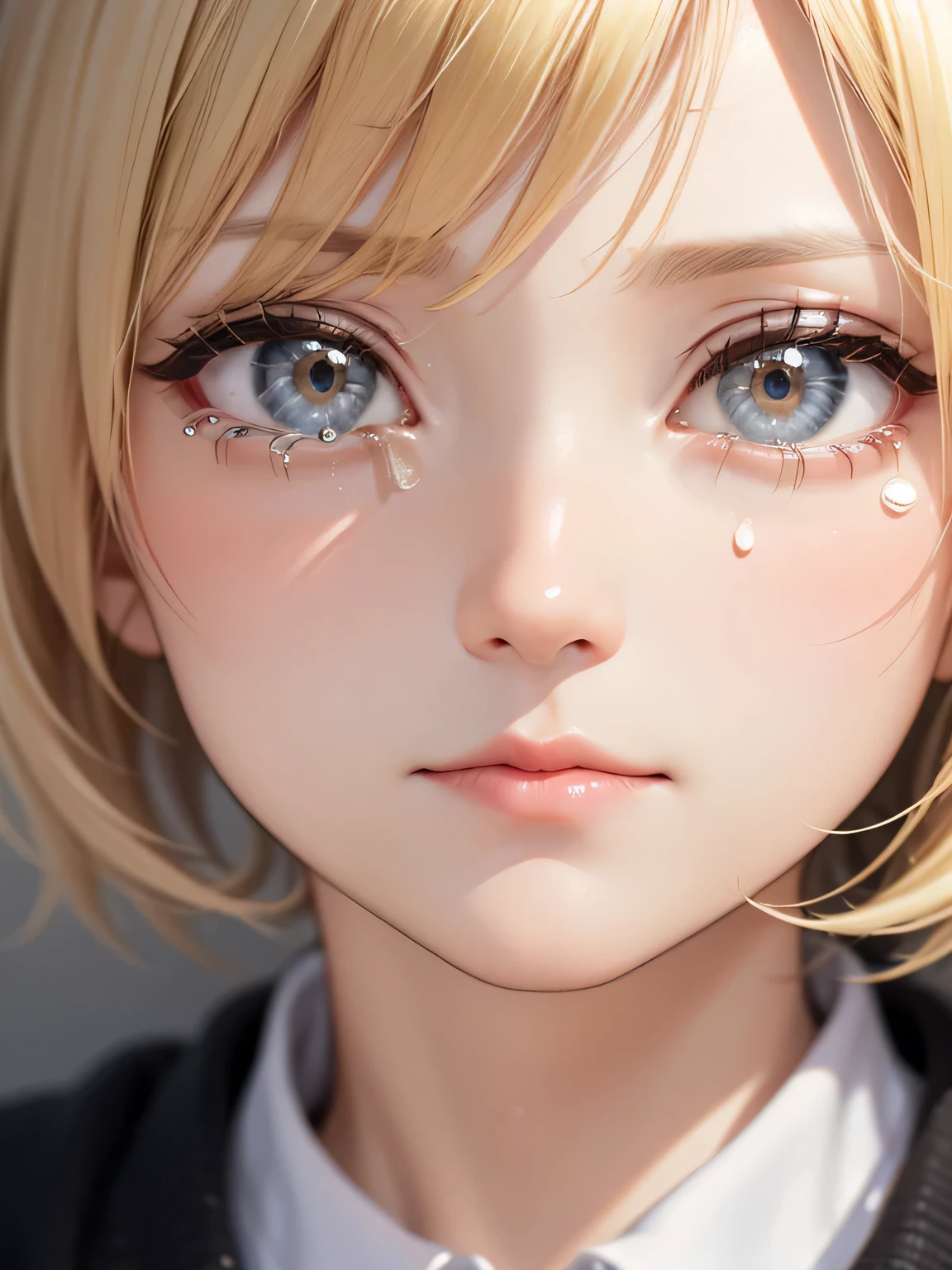 blonde、girl、shed tears、close up of face