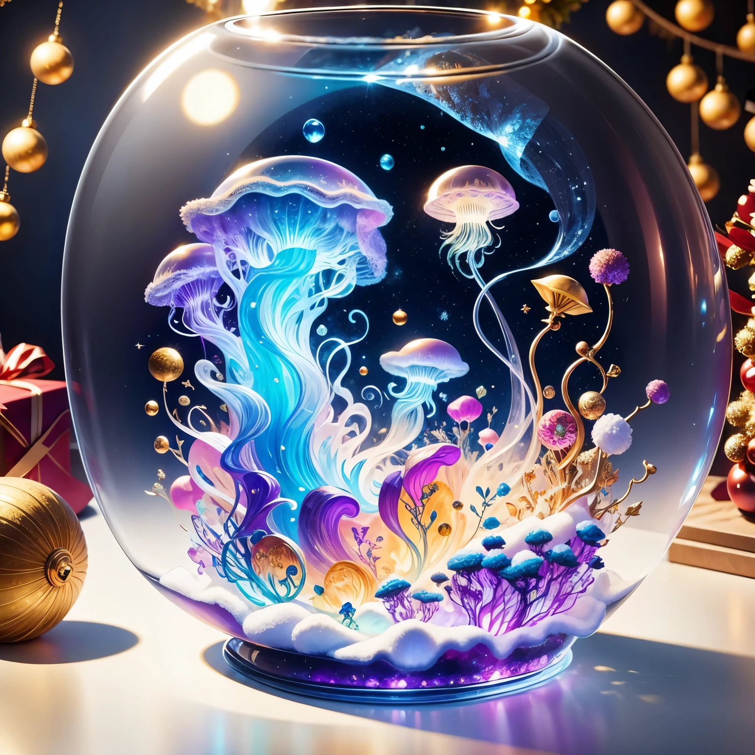 (La best quality,high resolution,super detailed,actual)，Jellyfish，in the room，Christmas decoration，surrounded by christmas gifts，A masterpiece with fantasy elements）））， （（best quality））， （（intricate details））（8k）