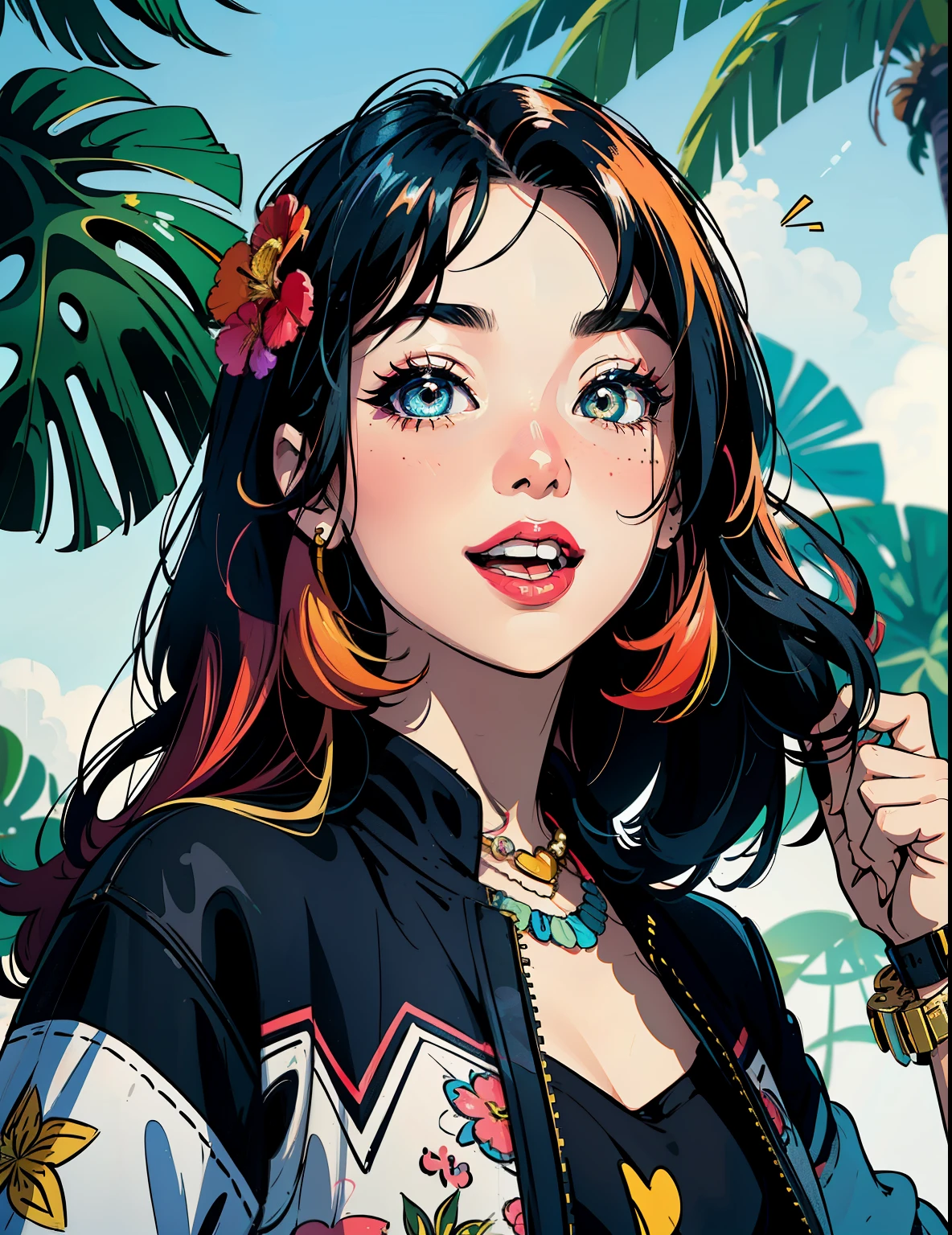 Create digital artwork in the Pop Art style, Featuring a vibrant and confident young Asian girl,street fashion, Movie color scheme, big smile, wink eye, sunglasses, Surrounded by vintage flower motifs, Vibrant brushstrokes,Emotions should be dynamic, Upper body, Drawing, illustration, escala cinza, tropical, Many flowers,