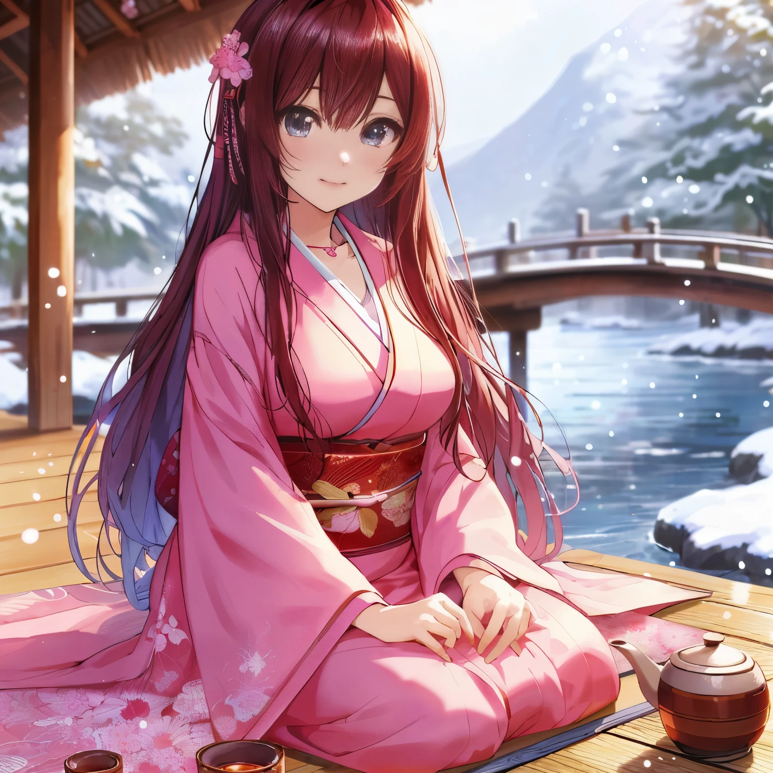 Anime girl in pink kimono sitting on wooden deck drinking tea, Beautiful anime girl, anime style 4k, Cute anime waifu wearing beautiful clothes, anime long hair girl, cute anime girl, Beautiful anime woman, beautiful anime girl, Beautiful anime portrait, Beautiful anime, Attractive anime girl, High quality anime art style, Beautiful anime style, Anime cute art style