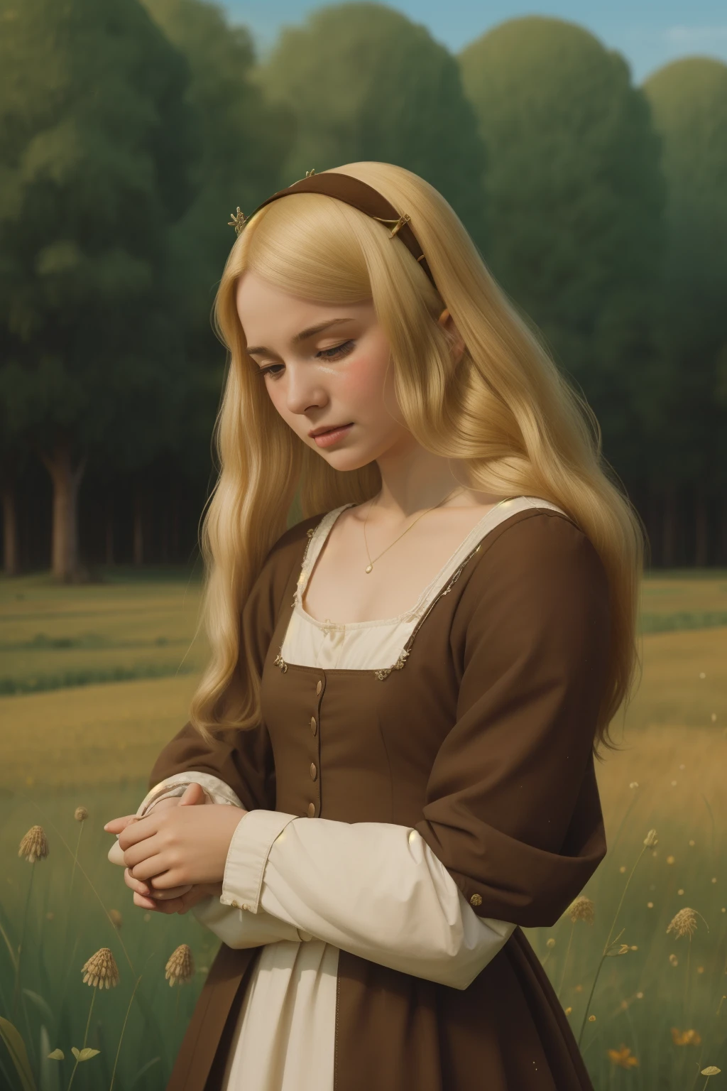 England, 1338. A young ((((19-year-old)) Annet)), in the fields, ((scared expression, crying)). ((((clothings from the 1300s)))), ((blond hairstyle of the 1300s))