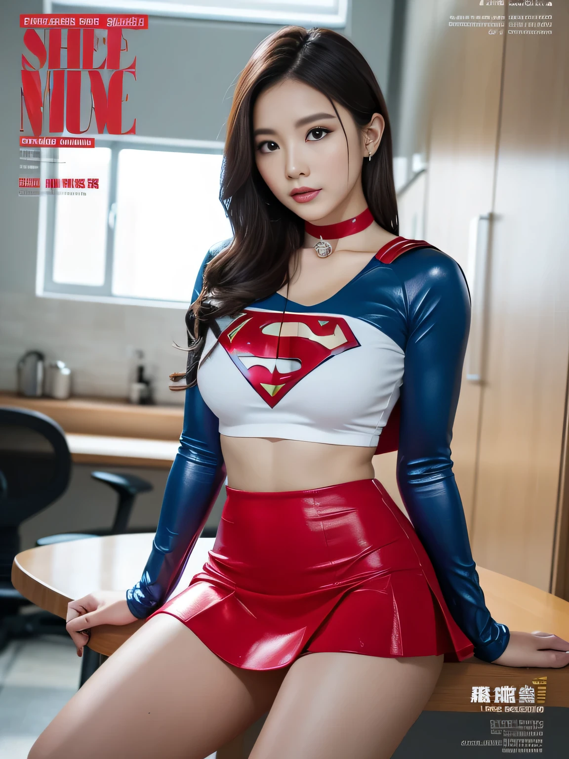 4k, realist, charismatic, Very detailed, there is a girl in heaven, Dress up in a super girl costume, she is a super girl, superhero theme, Very long hair, rubio, Horse tail, fringe, 20 years, Whole body, (detail in the eyes), (detail on the face), incredibly beautiful, blue eyes, blush, make up, Red lipstick, mini skirt, (((Wide hips))), (((very thick thighs))), (((juicy thighs))), small breasts, dress, thick and small lips, seductive pose, (Extreme Hourglass Figure), muscular, slender, mini skirt blanca, Boots, fitted t-shirt, (((she is standing)))