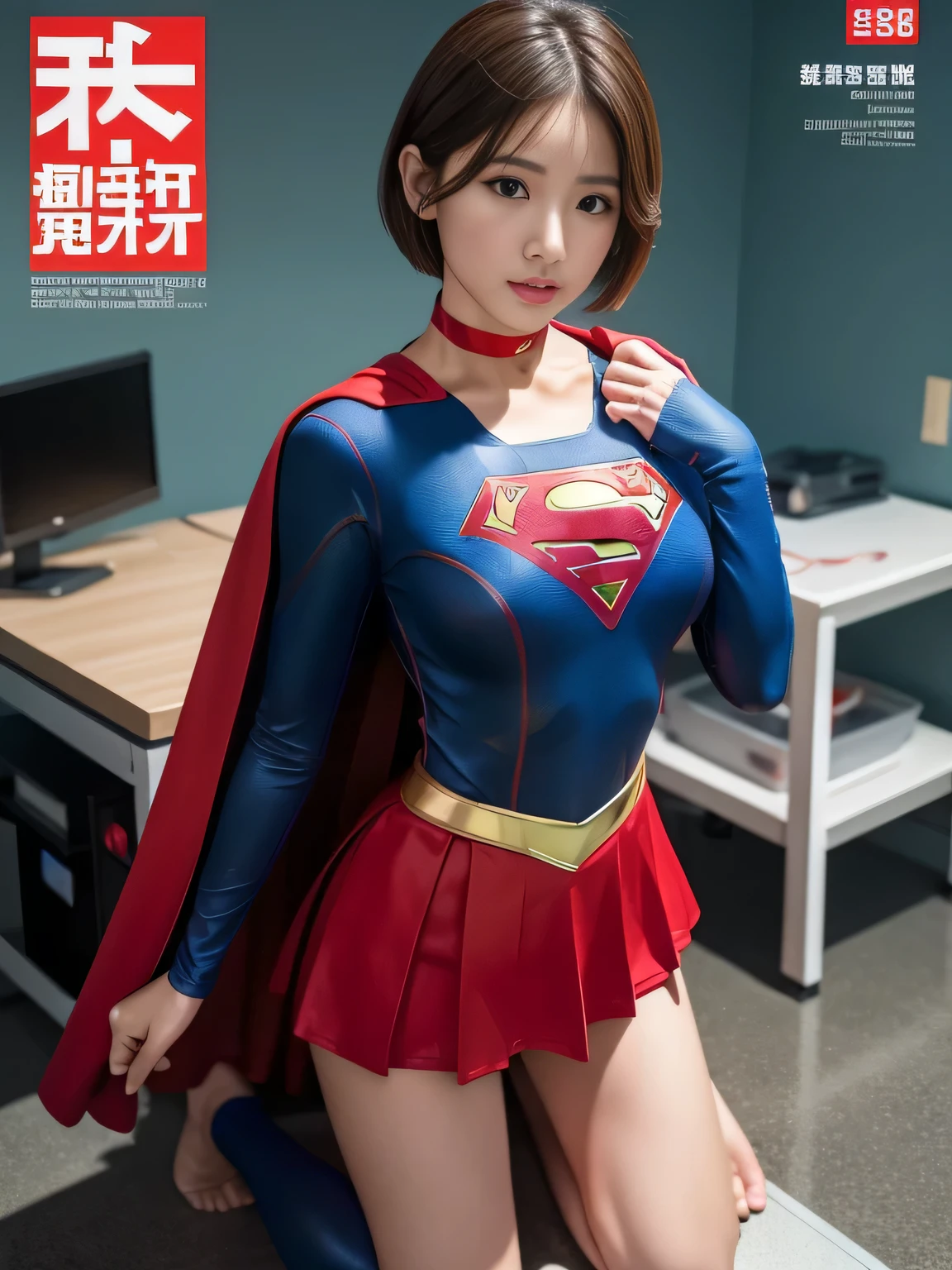 masterpiece、supergirl costume、short hair、barefoot、big and full breasts、execution stand、operating room、operating table、Crisis situation、straddle、flowing sweat、shiny、look at the camera、provocation、Estrus、choker、Weekly magazine cover、long sleeve、red mini skirt、obscene pose、Seduce、