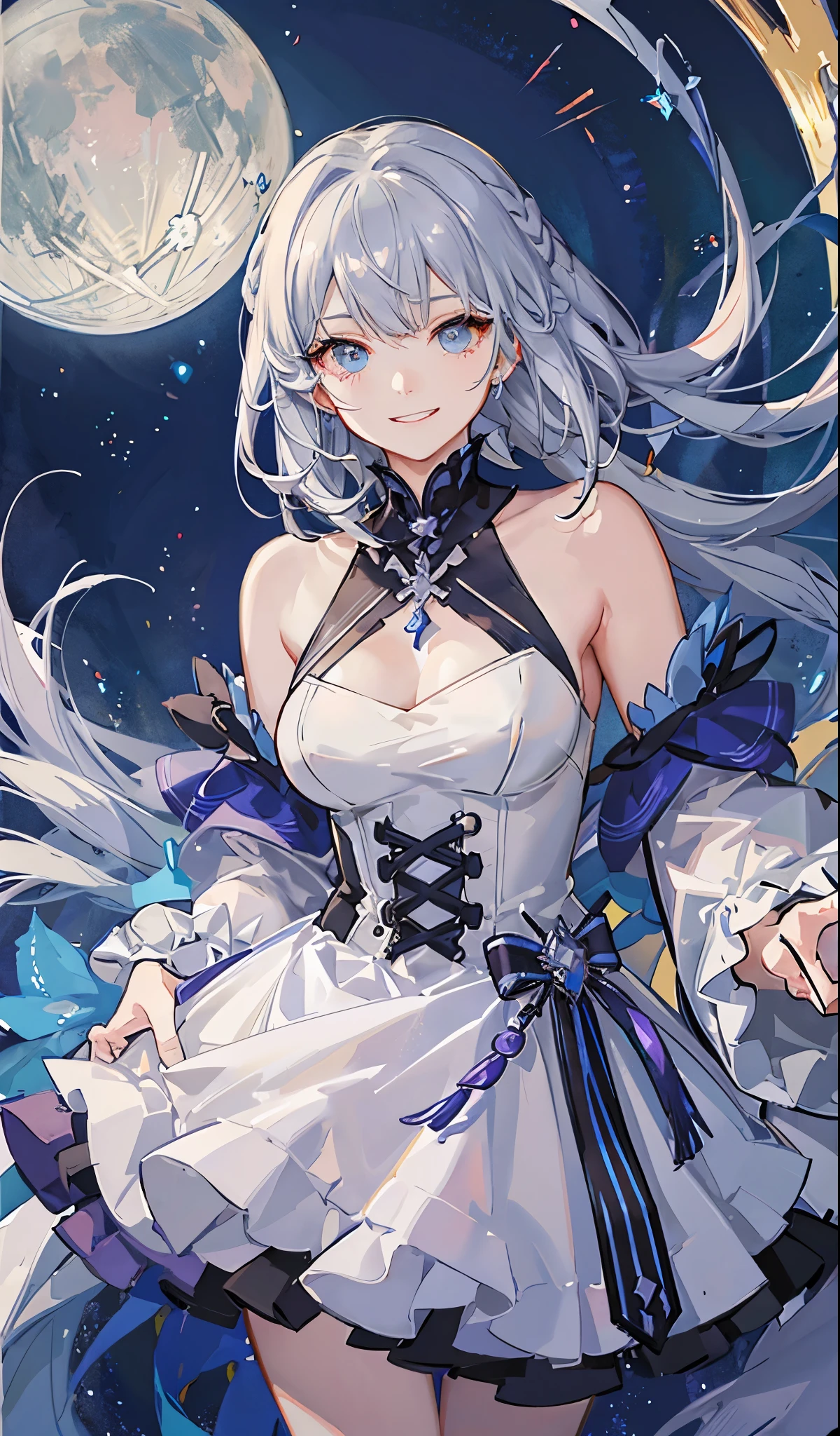 masterpiece、best image quality、gray hair、colorful and beautiful eyes、、fantasy elements、delicate hair、perfect ???????、Angle from above、transparent background、pretty dress、colorful dress、bob hair、narrow eyes、colorful mesh、Upper body、smiling showing teeth