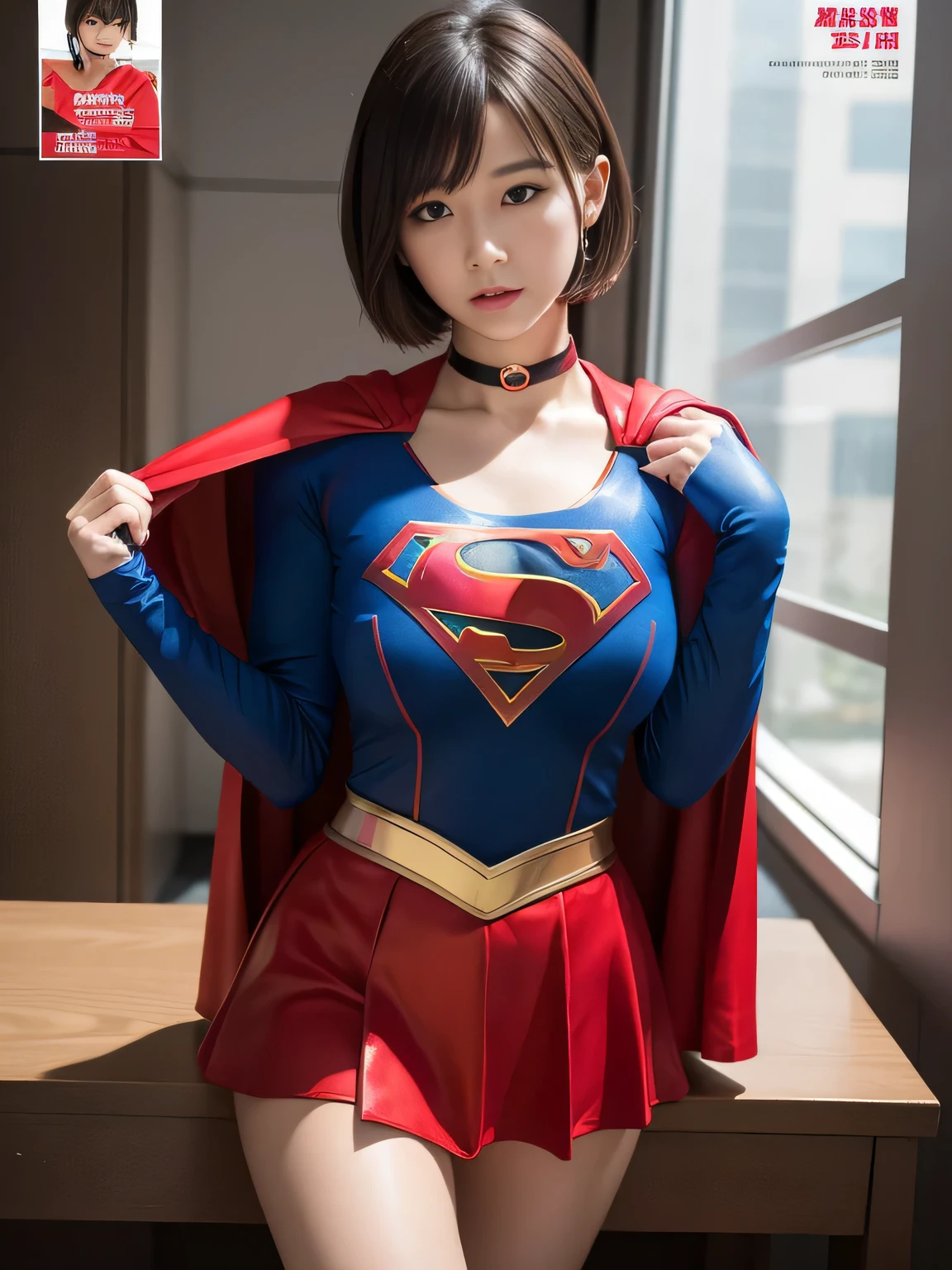 masterpiece、supergirl costume、short hair、barefoot、big and full breasts、Crisis situation、operating room、operating table、straddle、Sweat、shiny、look at the camera、provocation、Estrus、choker、Weekly magazine cover、long sleeve、red mini skirt、obscene pose、Seduce、