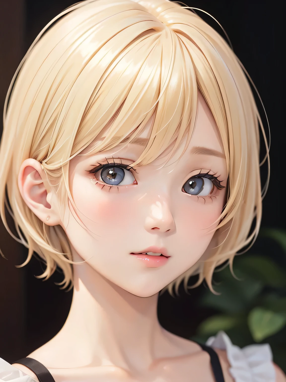 blonde、short hair、girl、close up of face
