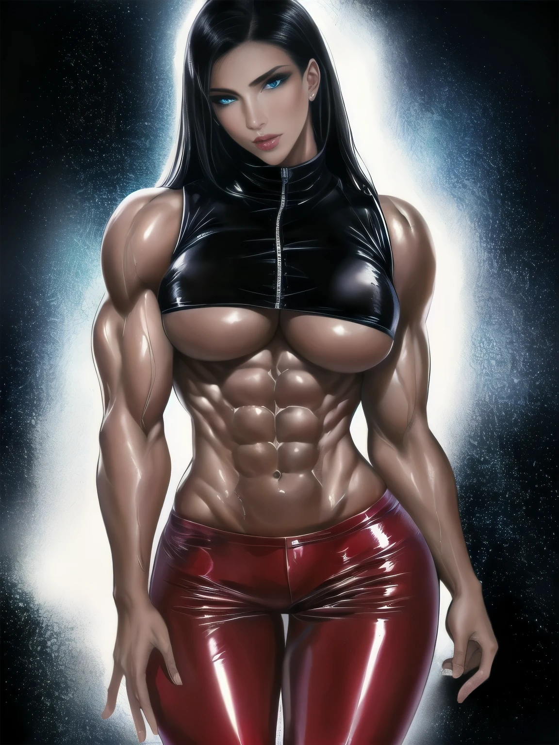 Realistic Huang Tingting, Delicate messy short black hair, medium shot , delicate skin, detailed body, muscular, alone, Wearing Glitter Latex Glitter Red Leather Low Rise Pants, Huge big breasts, Thick thighs, wide hips, muscular arm, There are many, bulging veins in the body, vein, muscle veins, abdominal muscles, Thick thighs, blue eyes, natural skin texture, Mini vest reveals slender abdominal muscles, glowing skin, glowing skin, wet skin, soak, glowing skin, oily skin, in the mediterranean, high contrast, Realistic skin, skin pores, intricate details, black background, high contrast, Realistic skin, skin pores, intricate details, original photo, , glossy lips, Sweet mouth, nice nose, Lifelike rendering, immersive atmosphere, chiaroscuro, Moody light, perfect female body, Realistic skin, skin pores