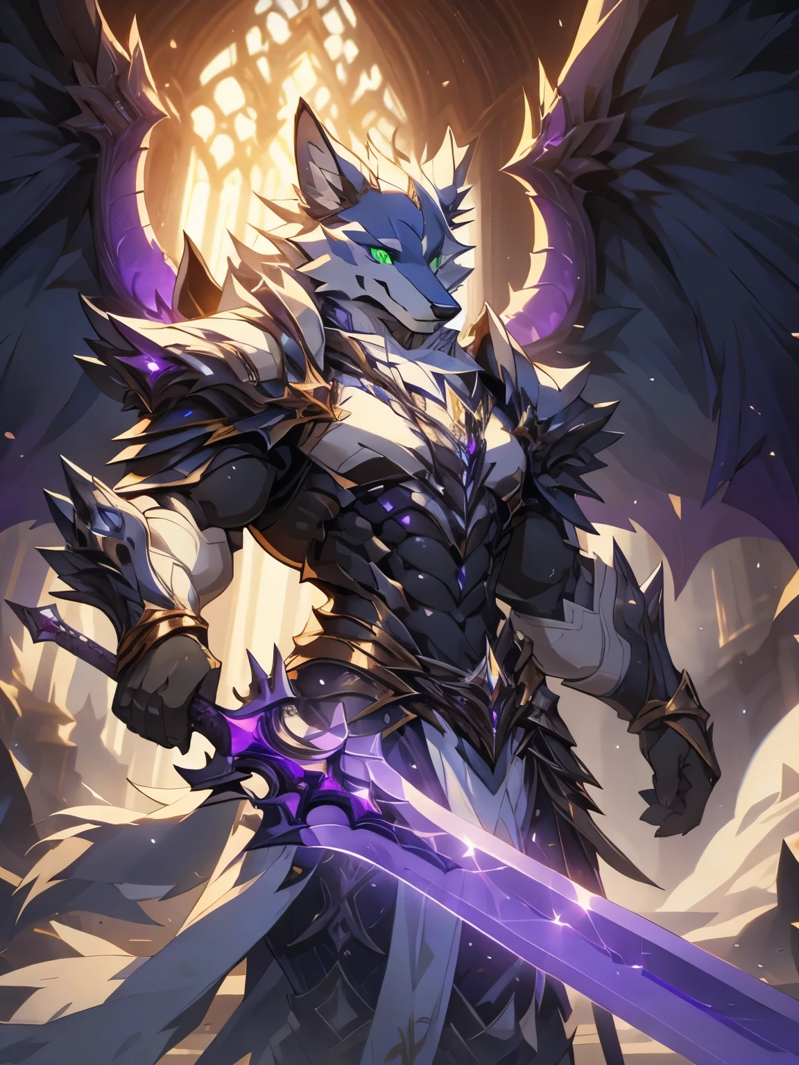 male, furry, Wolf anthro, solo, white fur, Green eyes, (Realistic eye details 1.2), V0id3nergy, Warrior, purple great sword, Masterpiece, dramatic lighting, soft lighting, day, highly detail, Hair coiled, epic fantasy art style, epic fantasy digital art style, anatomically correct, accurate, UHD, 1080P